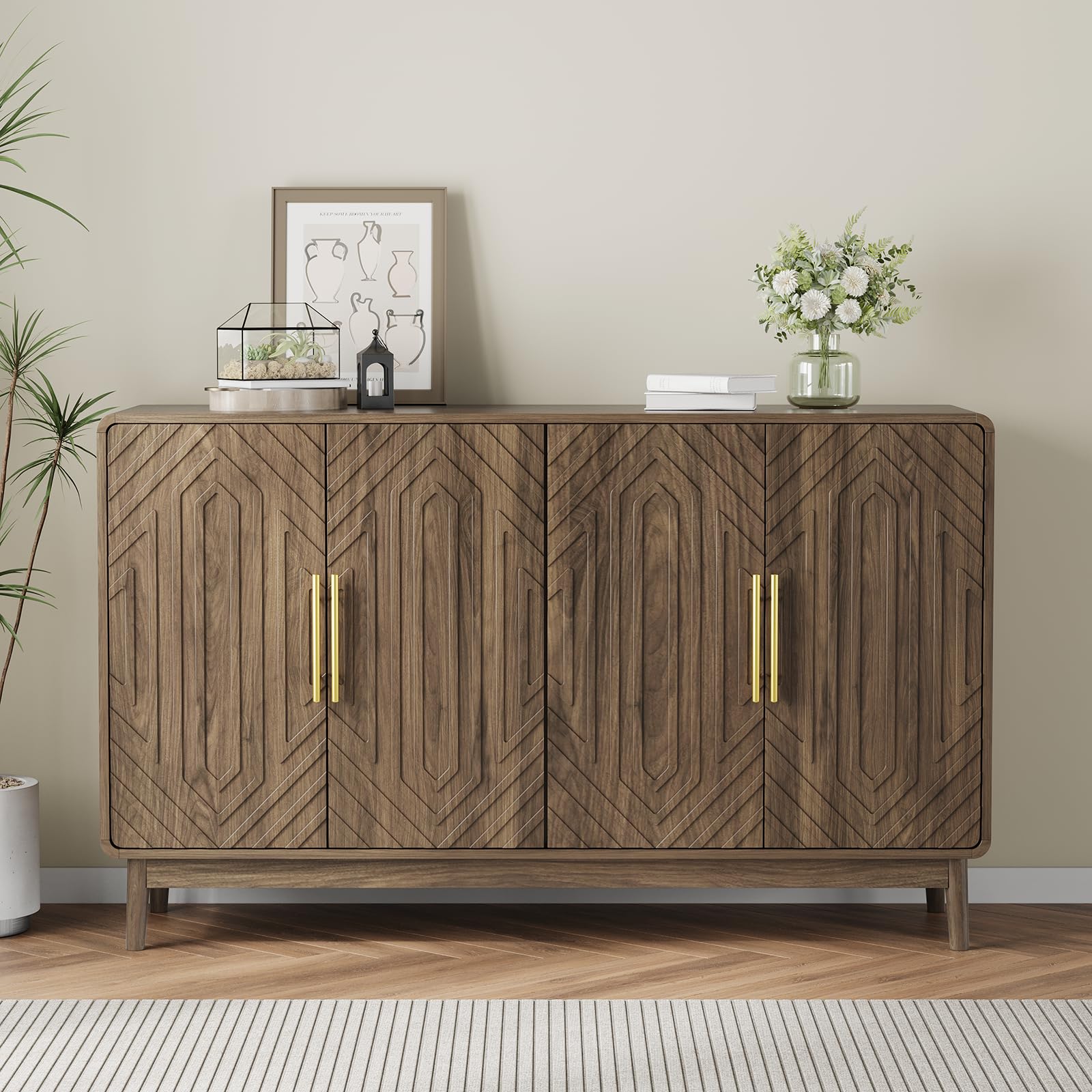 Walnut 4-Door Sideboard Buffet Cabinet with Adjustable Shelves