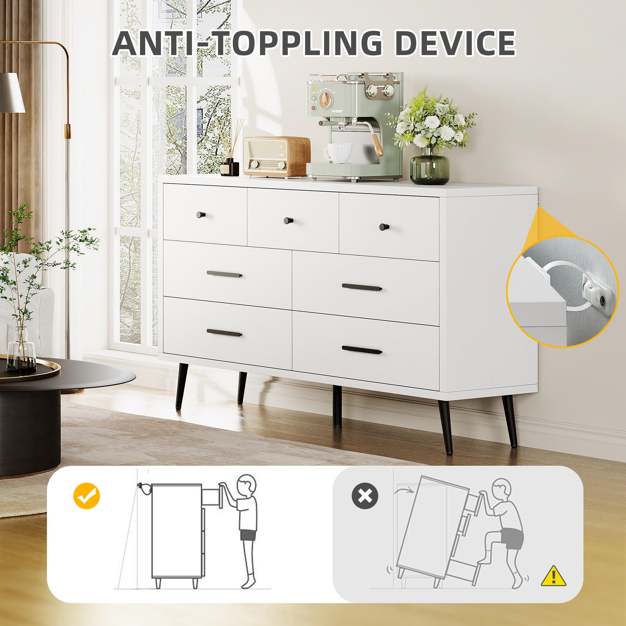 White 7 Drawer Dresser 47 Inch Wide Double Chest of Drawers