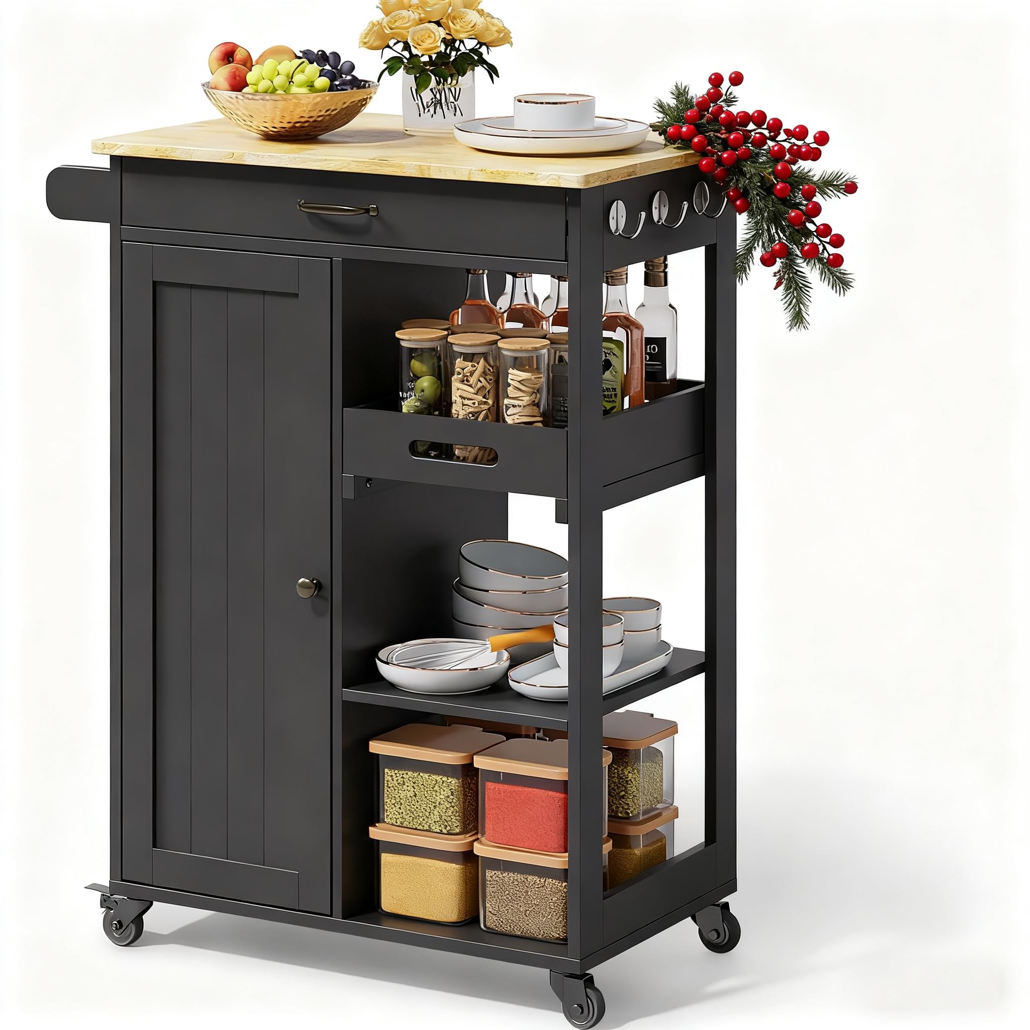 Kitchen Island Cart with Solid Wood Top