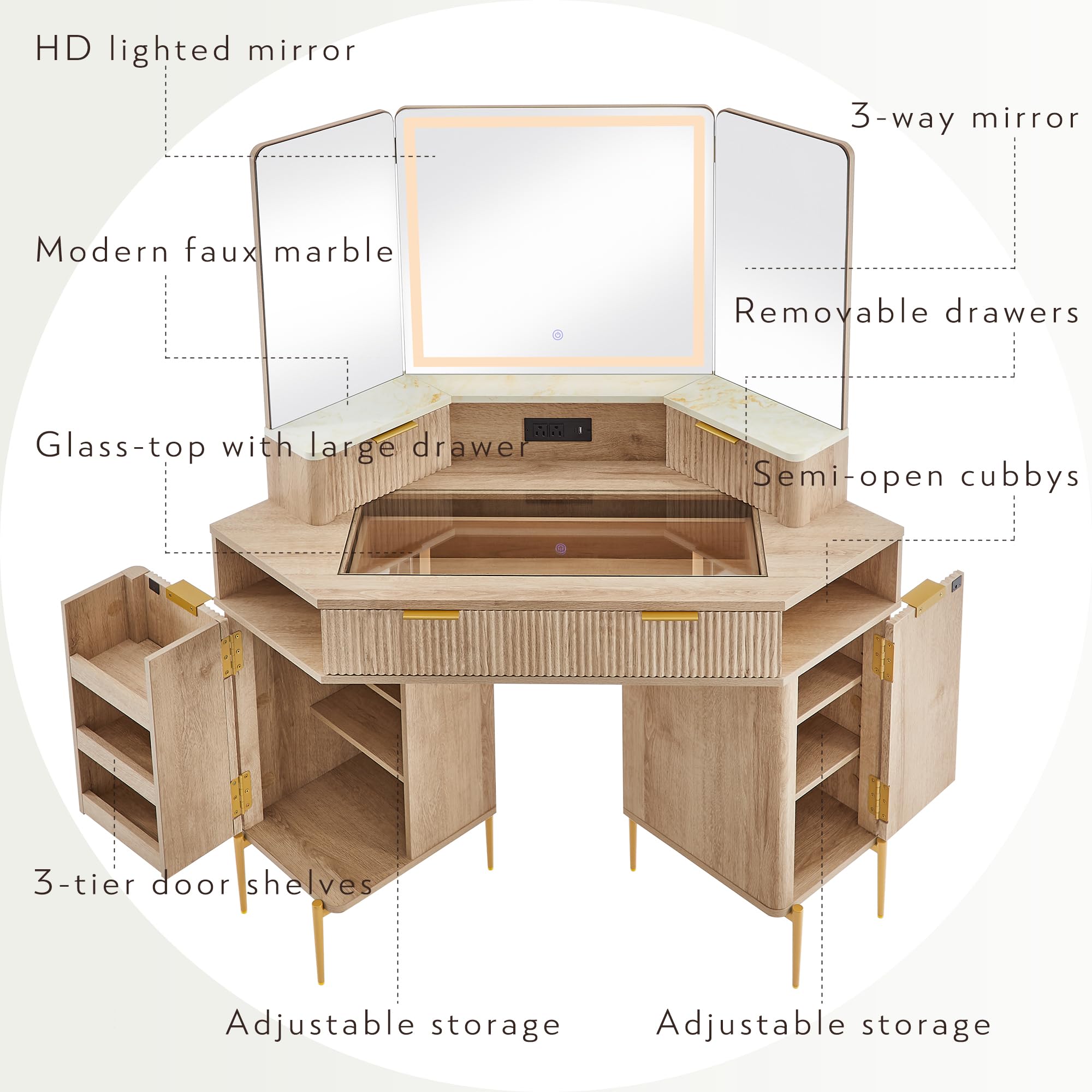 48" Fluted Makeup Vanity Desk with HD Triple Mirror and Lights