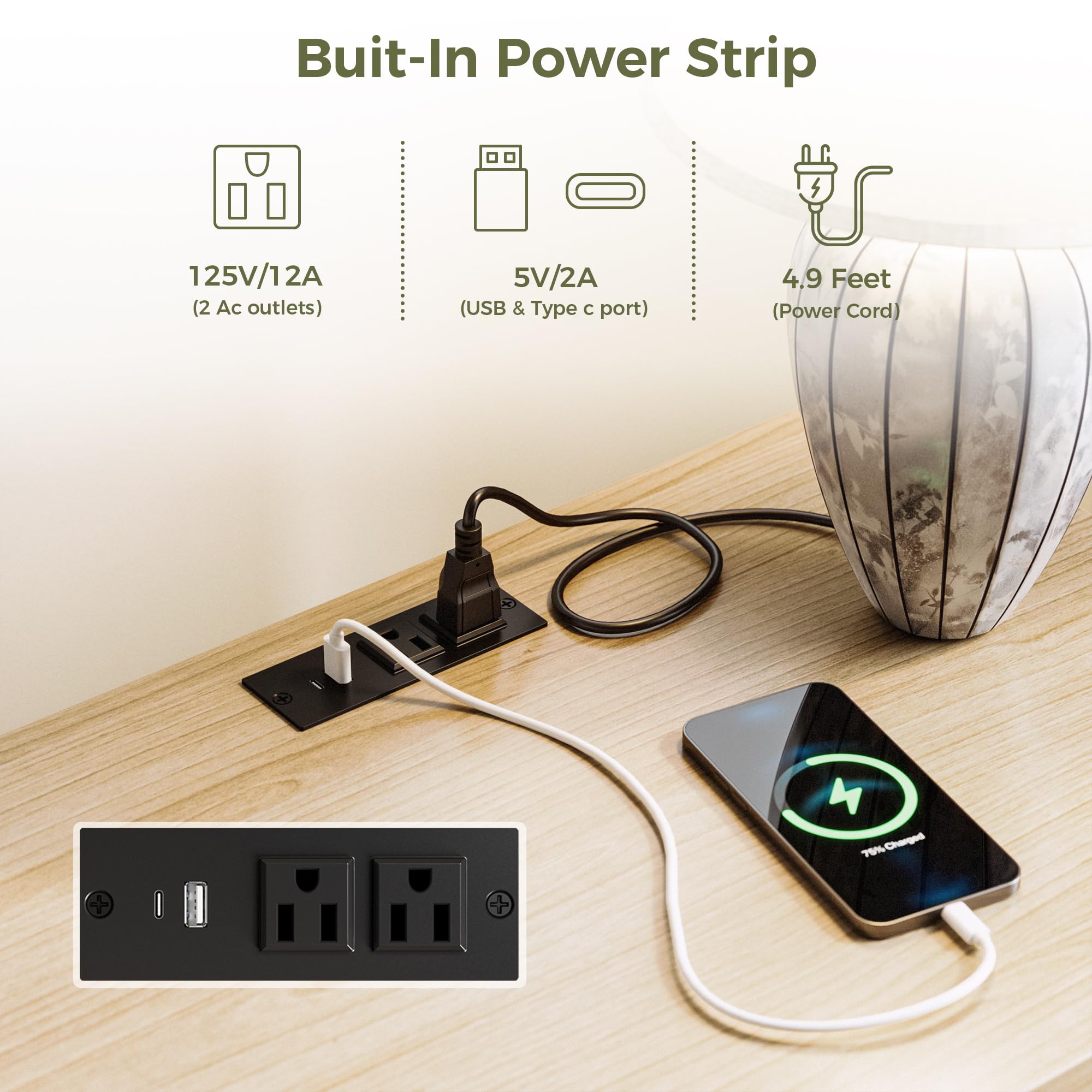 Fluted Nightstand Set with Charging Station