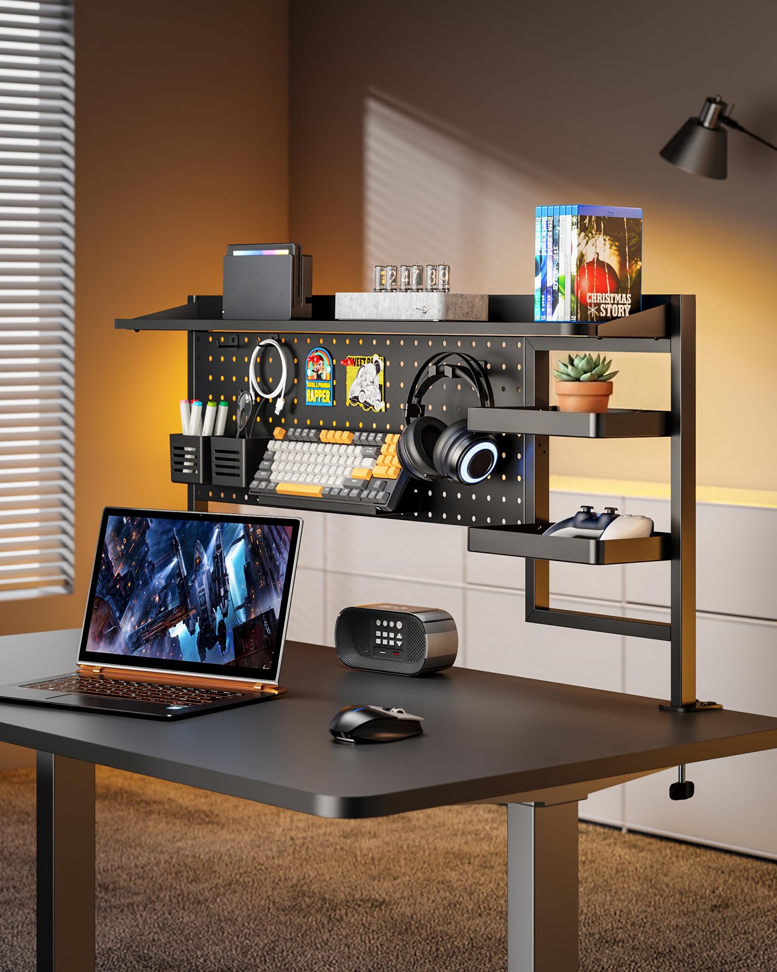 44" Clamp-On Desk Shelf with Pegboard and 2-Tier Organizer