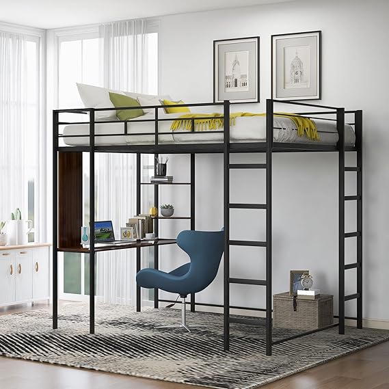 Full Loft Bed with Desk and Ladder - White Metal Frame