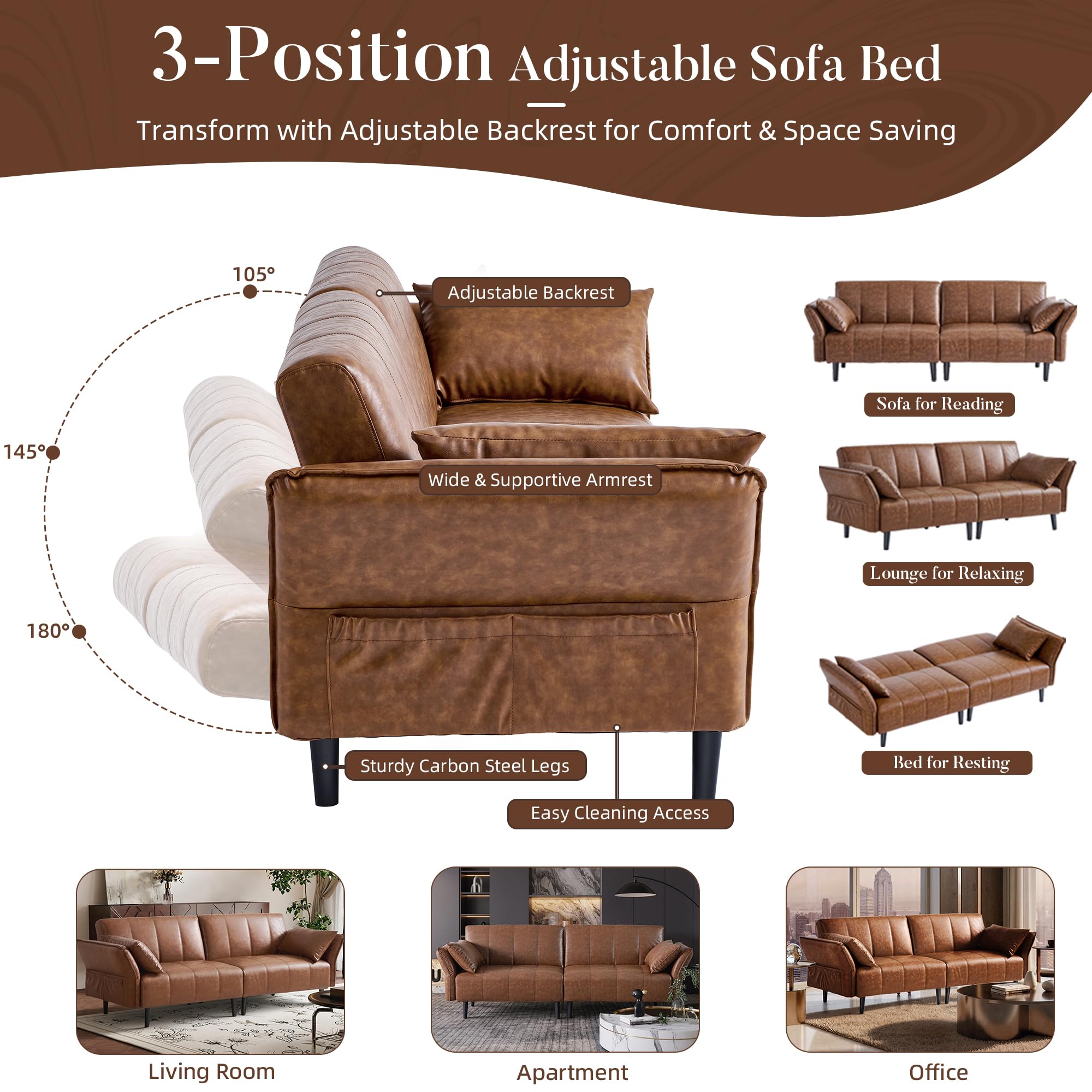 Mid-Century Modern Convertible Leather Futon Sofa