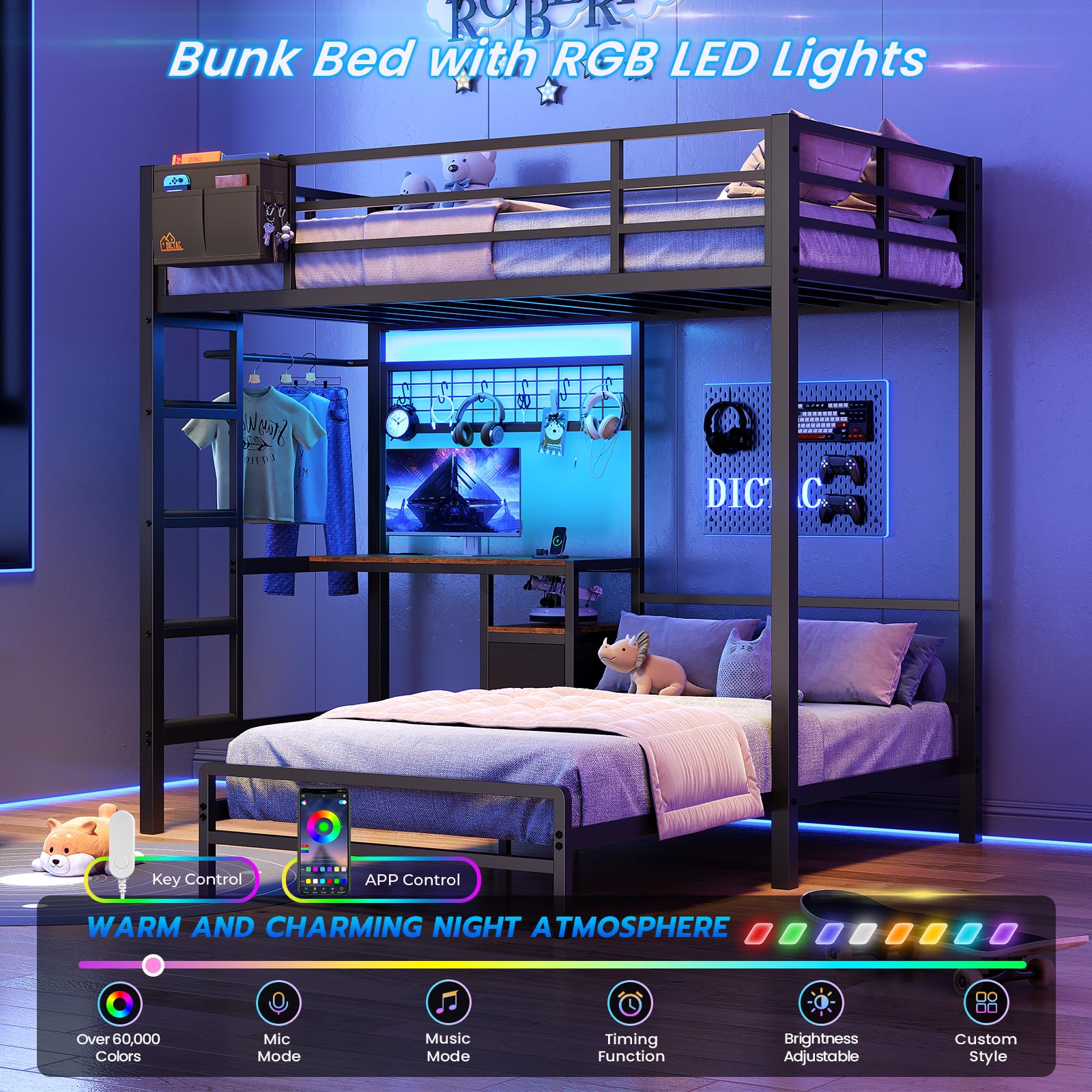 L-Shaped Twin Over Twin Bunk Bed with Desk and LED Lights
