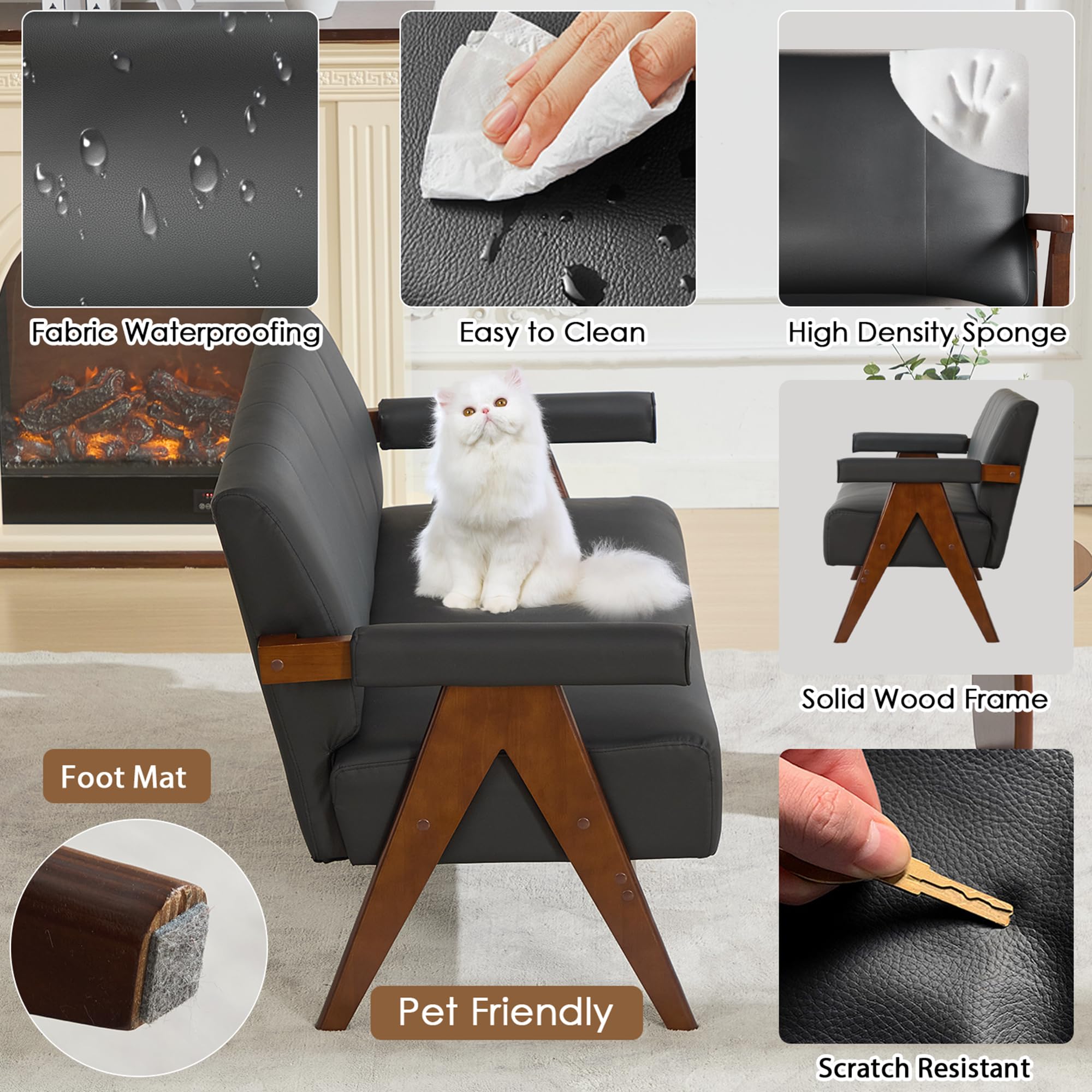 Black Leather Loveseat Sofa and Accent Chairs Set - 3 Pieces