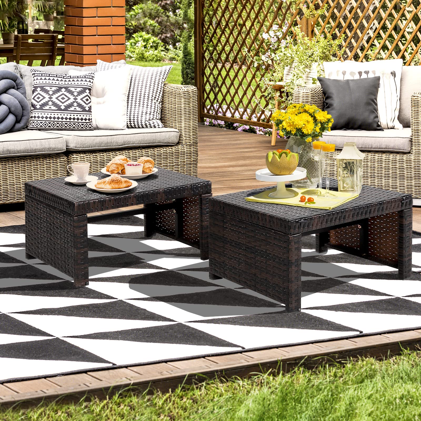 2-Piece Wicker Outdoor Ottoman Set with Removable Cushions