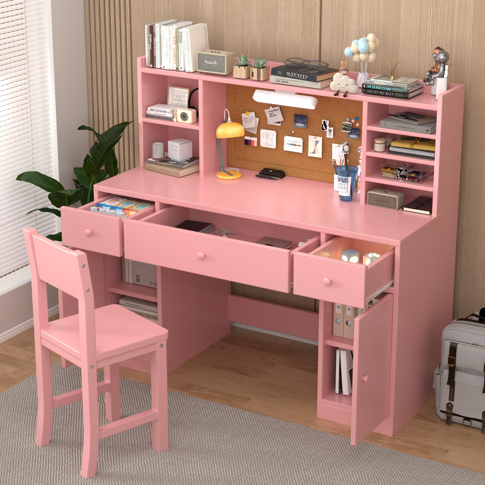 Pink Wooden Kids Study Desk and Chair Set