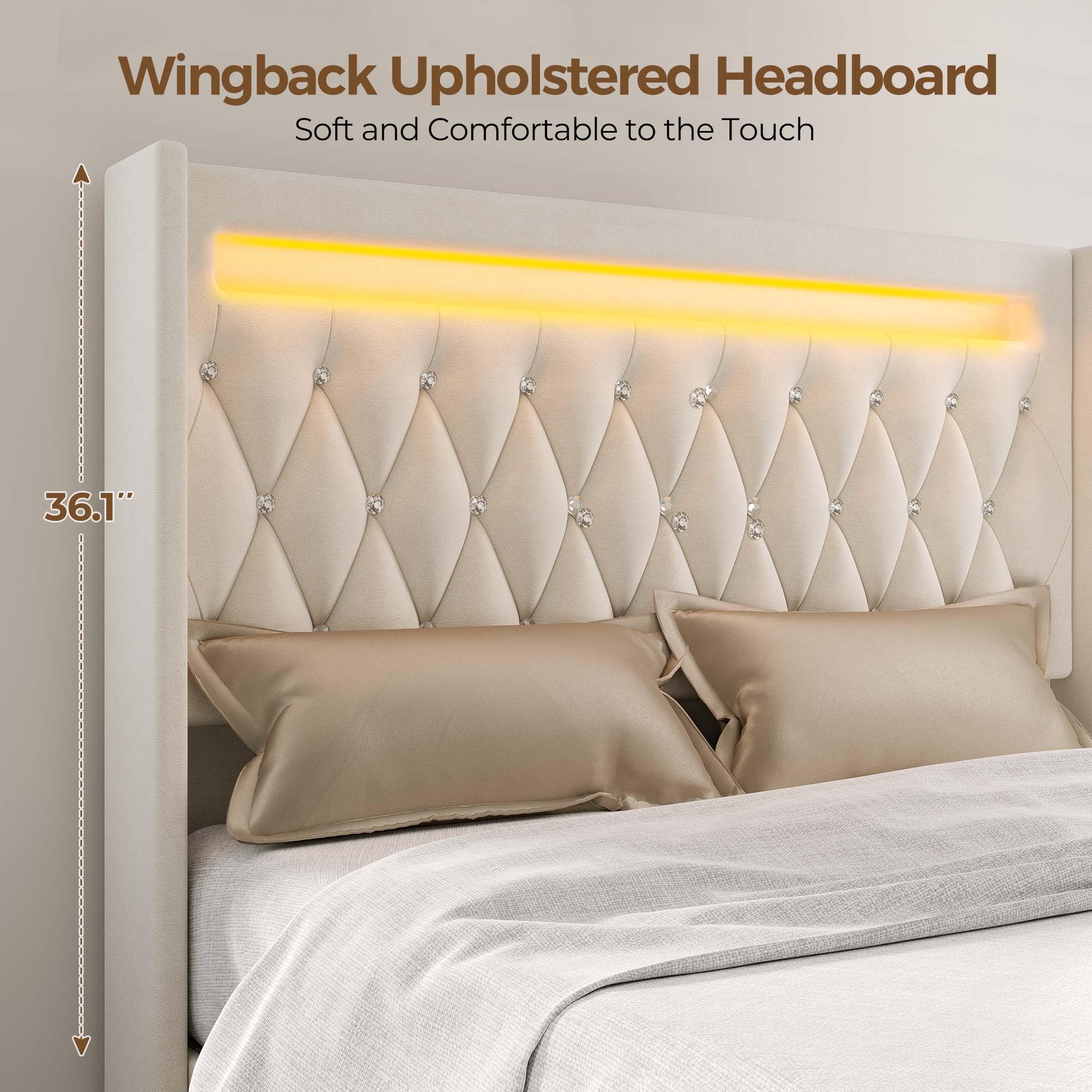 Rolanstar Queen Bed Frame with LED Light and Charging Station, Upholstered High Headboard and Footboard, Wood Slats, Noise Free, Easy Assembly, Beige
