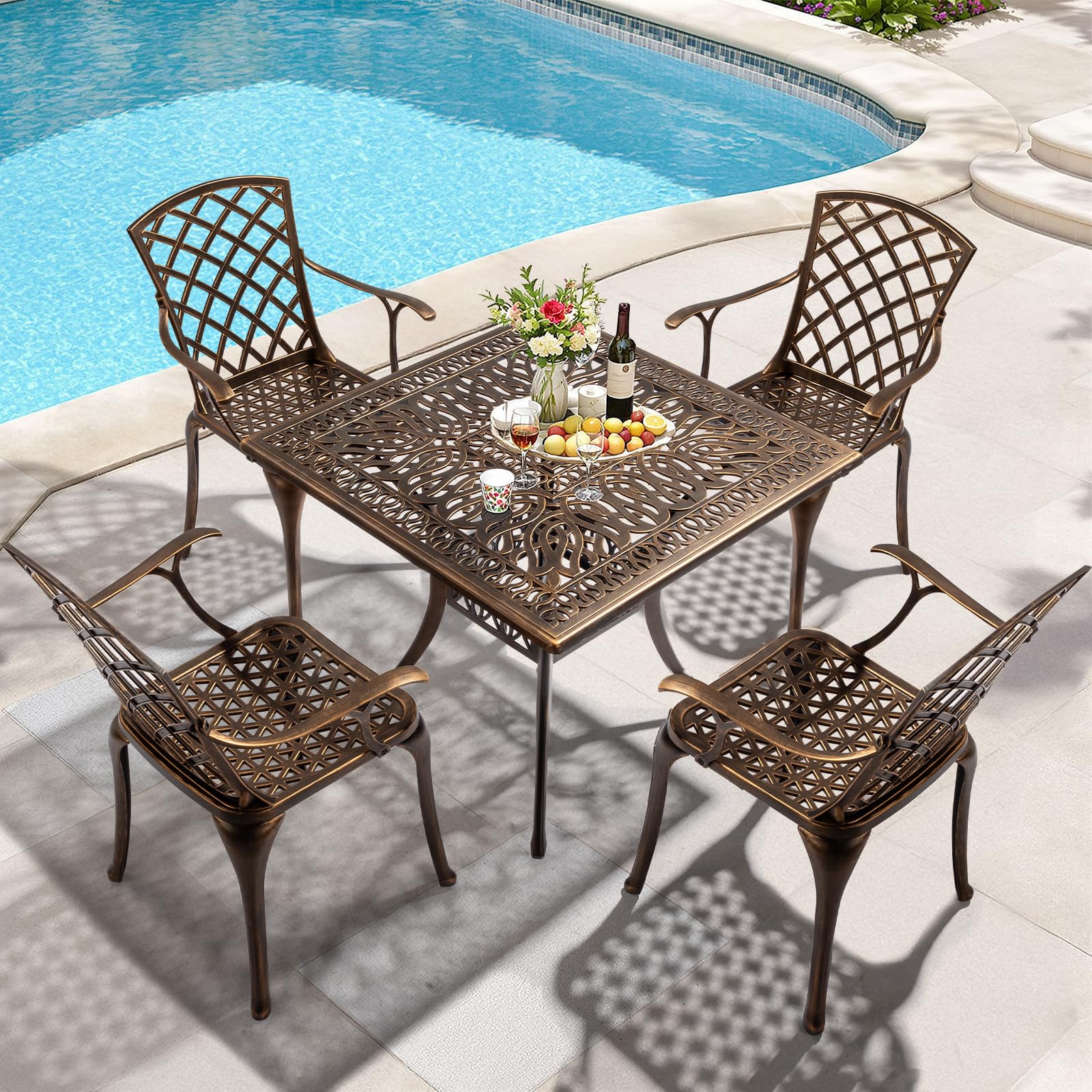 VINGLI 5 Pieces Outdoor Patio Dining Set, Cast Aluminium Patio Furniture Set with 4 Chairs and 1 Umbrella Table for Yard, Garden, Porch and Poolside, Bronze (Square Table)