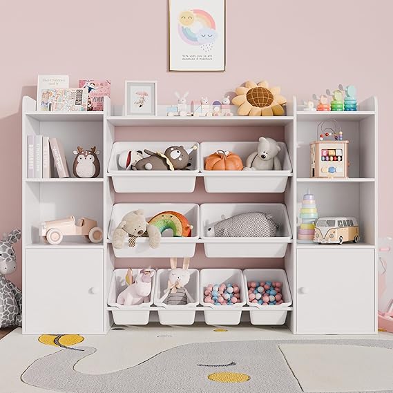 Kids Toy Storage Organizer with 8 Bins and 4-Tier Bookshelf
