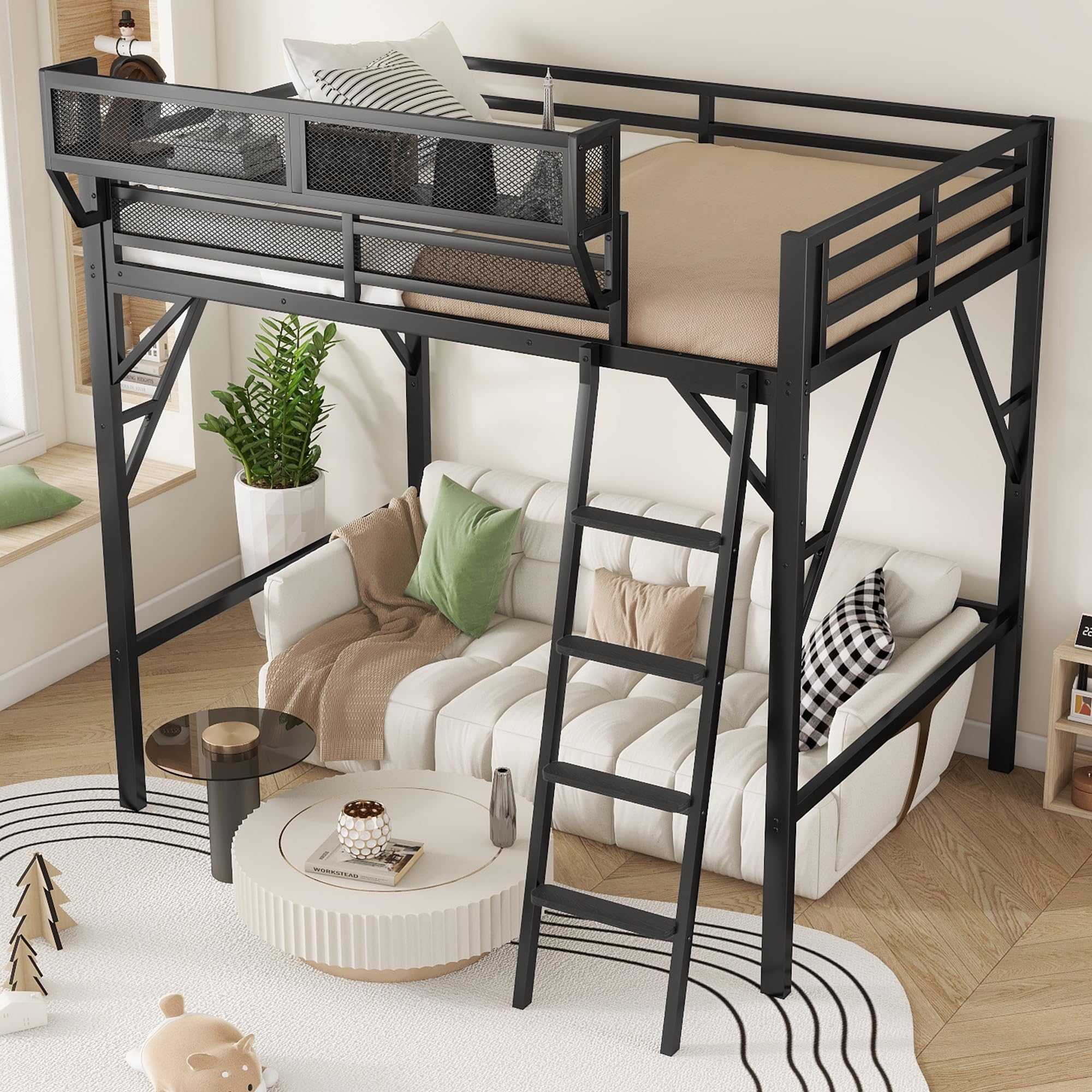 Full Size Metal Loft Bed Frame with Ladder and Storage Shelves
