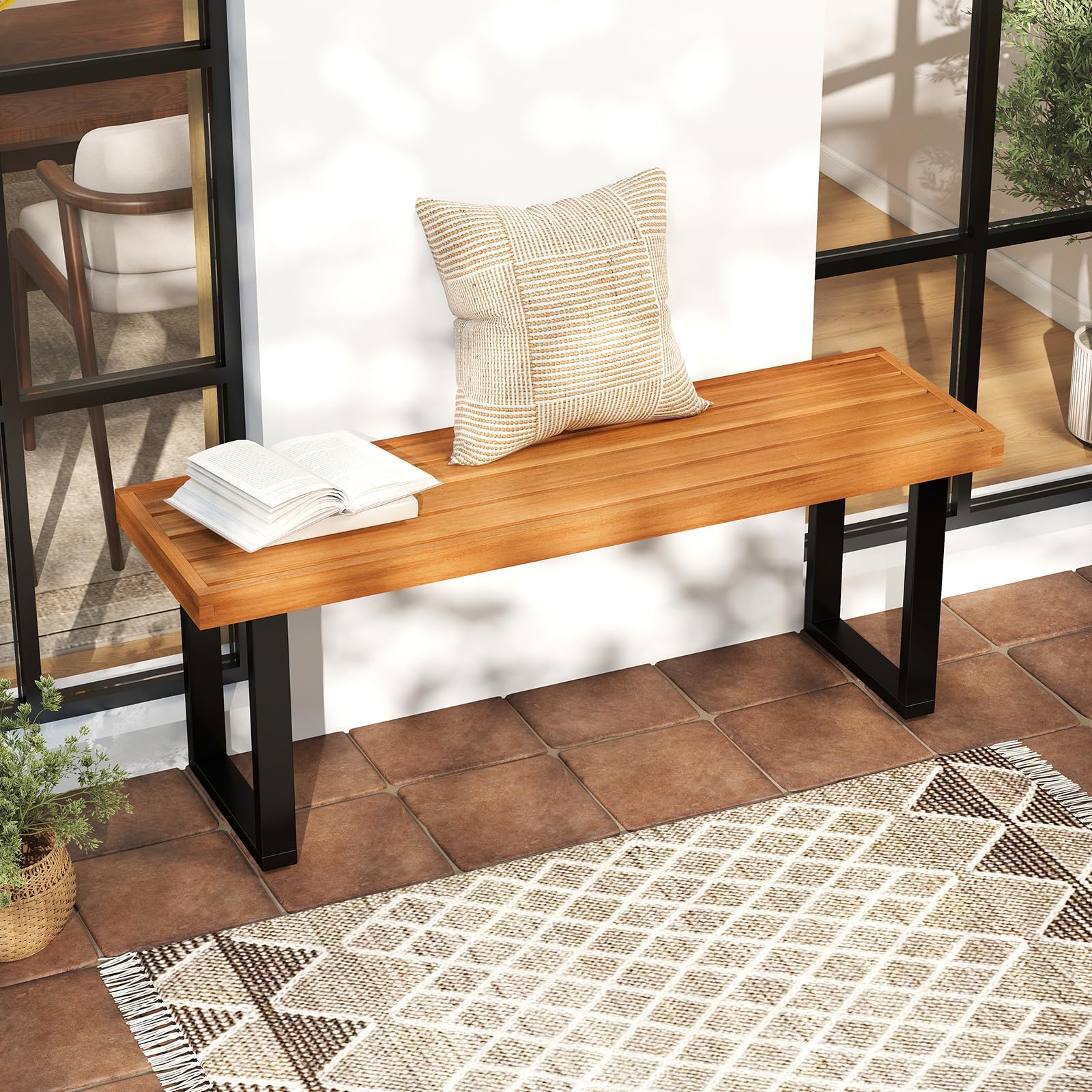 48" Acacia Wood Outdoor Bench with Slatted Seat