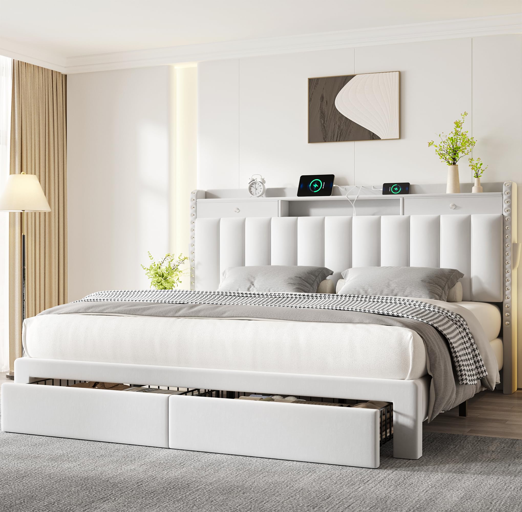 Queen Bed Frame with Storage Drawers and Charging Station