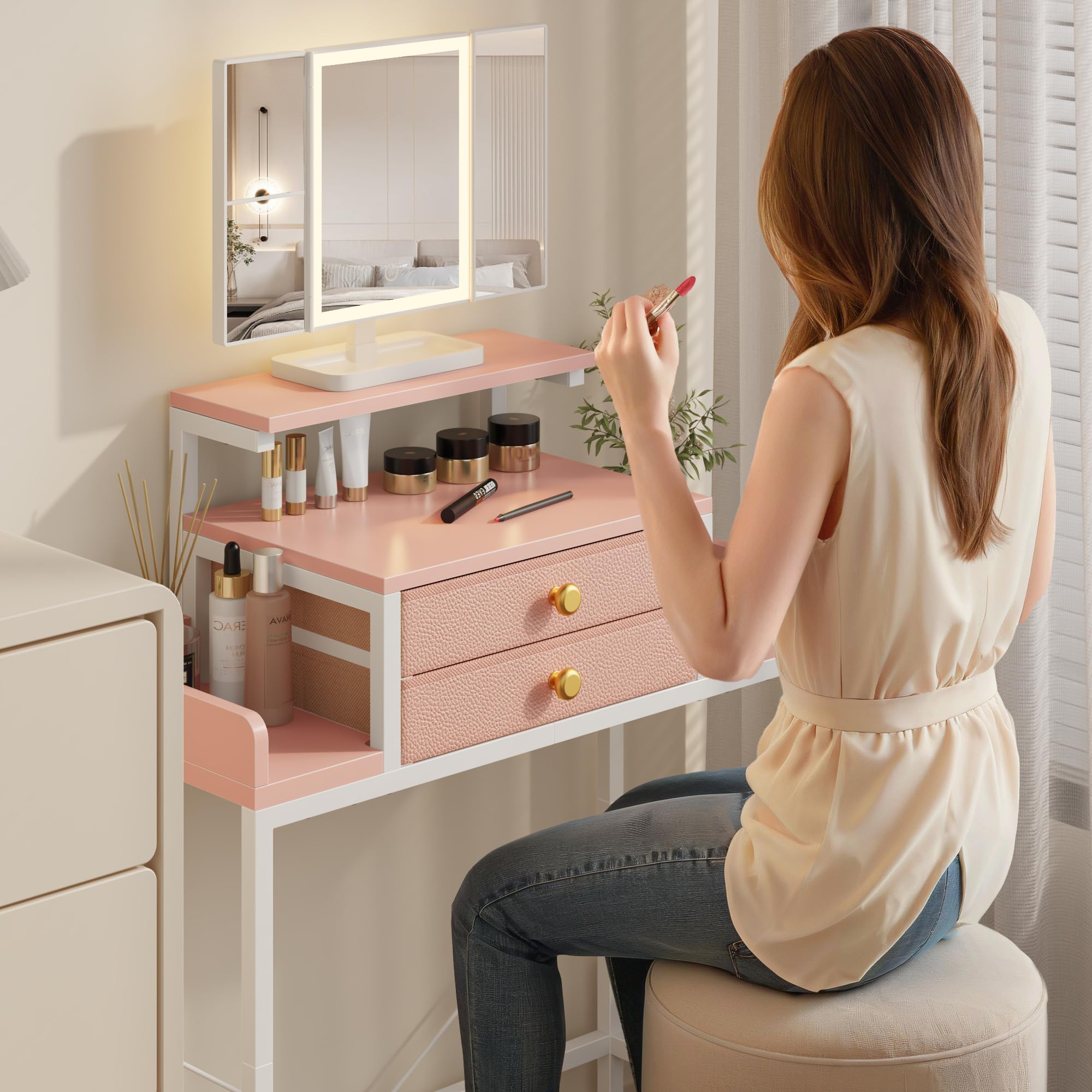 Vanity Desk with Mirror and Lights