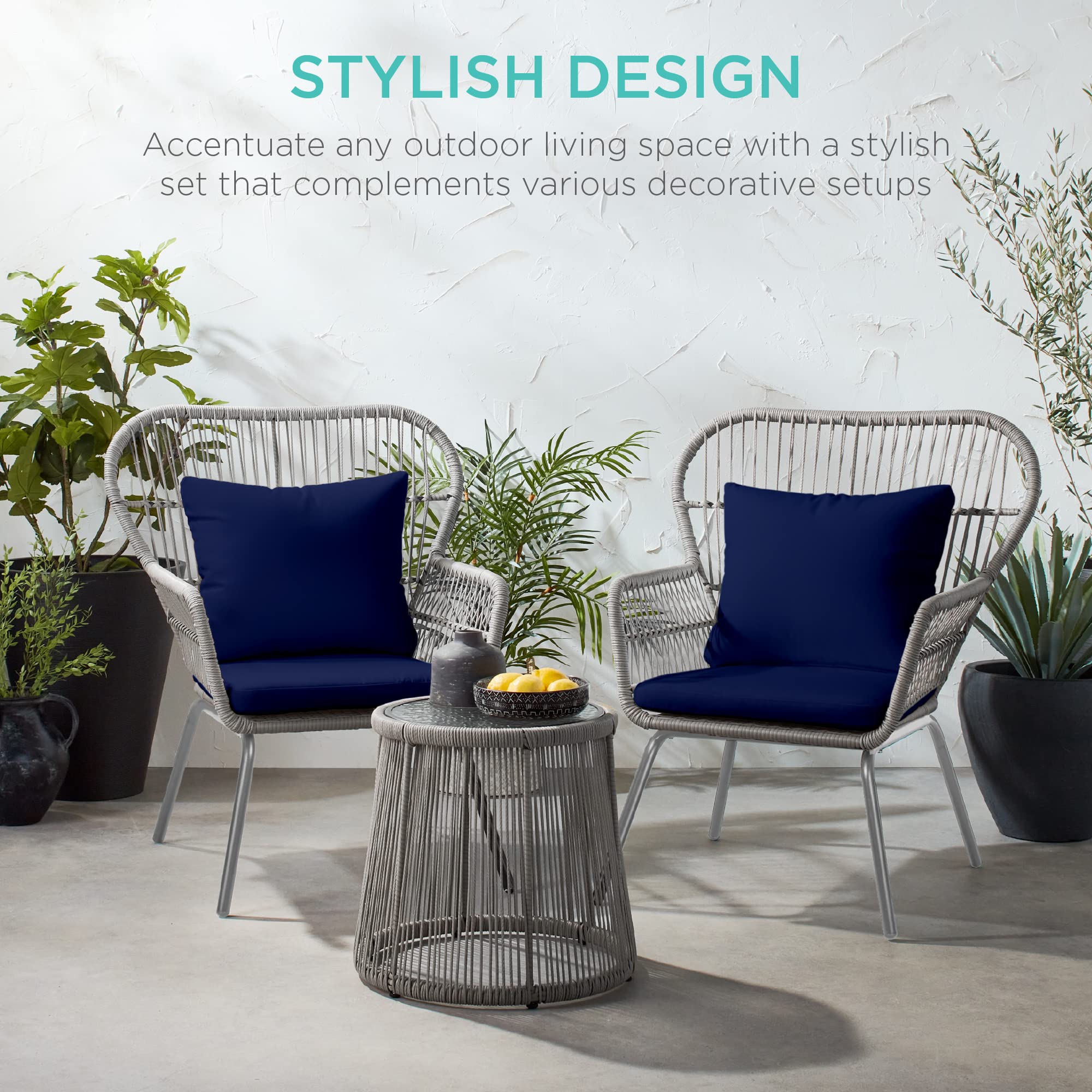 3-Piece Patio Wicker Bistro Set with Cushions