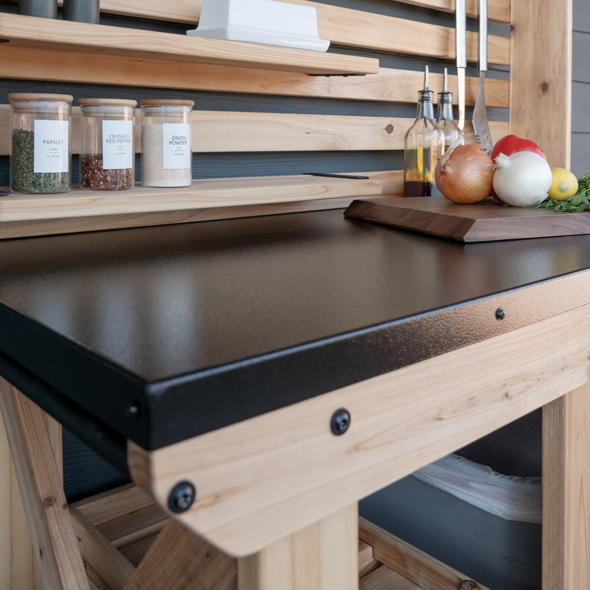 Cedar Wood Buffet Hutch Serving Station with Steel Countertop