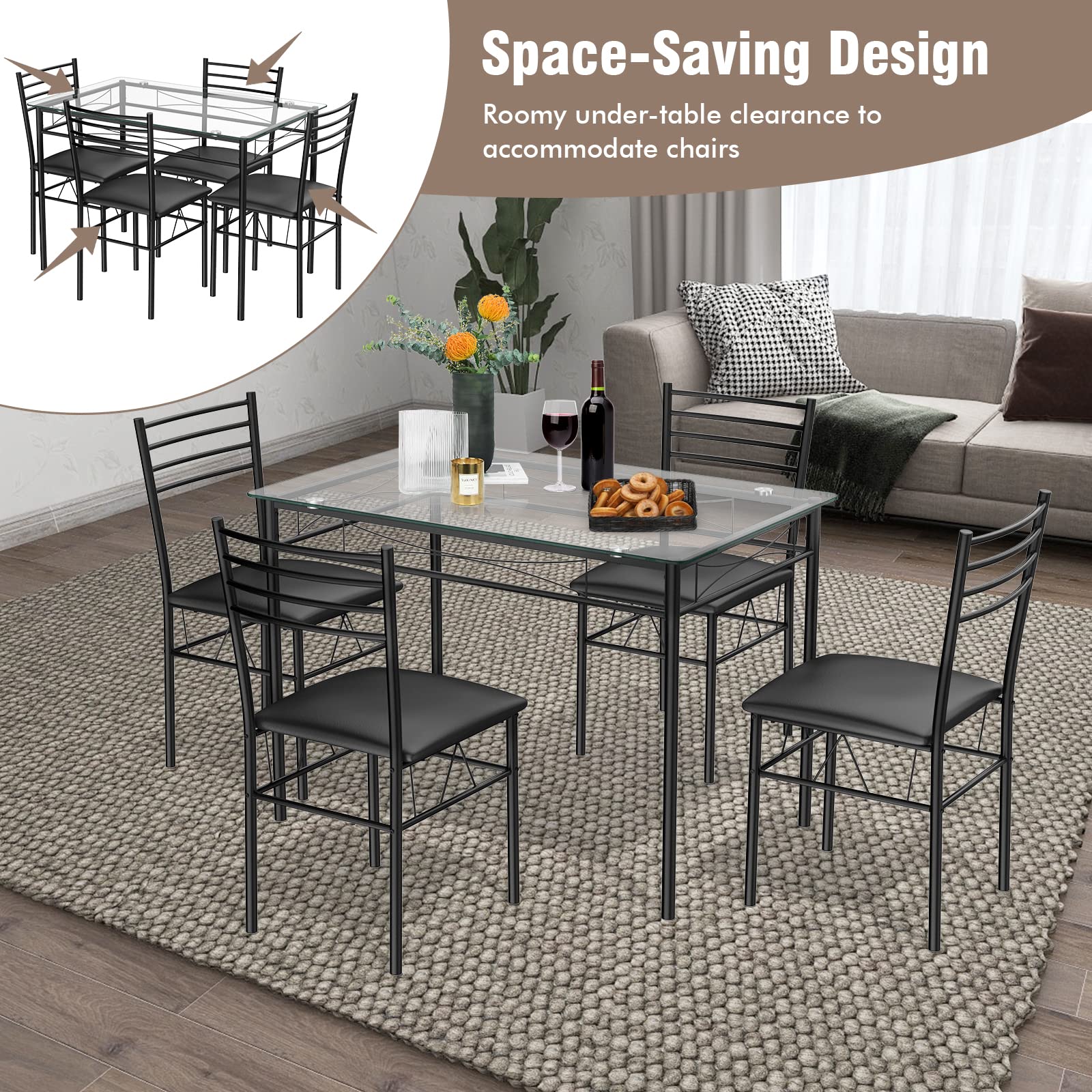 5-Piece Dining Set with Tempered Glass Table