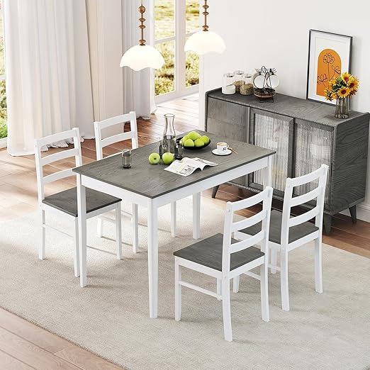 Solid Wood Dining Table Set for 4 with Farmhouse Apron Design