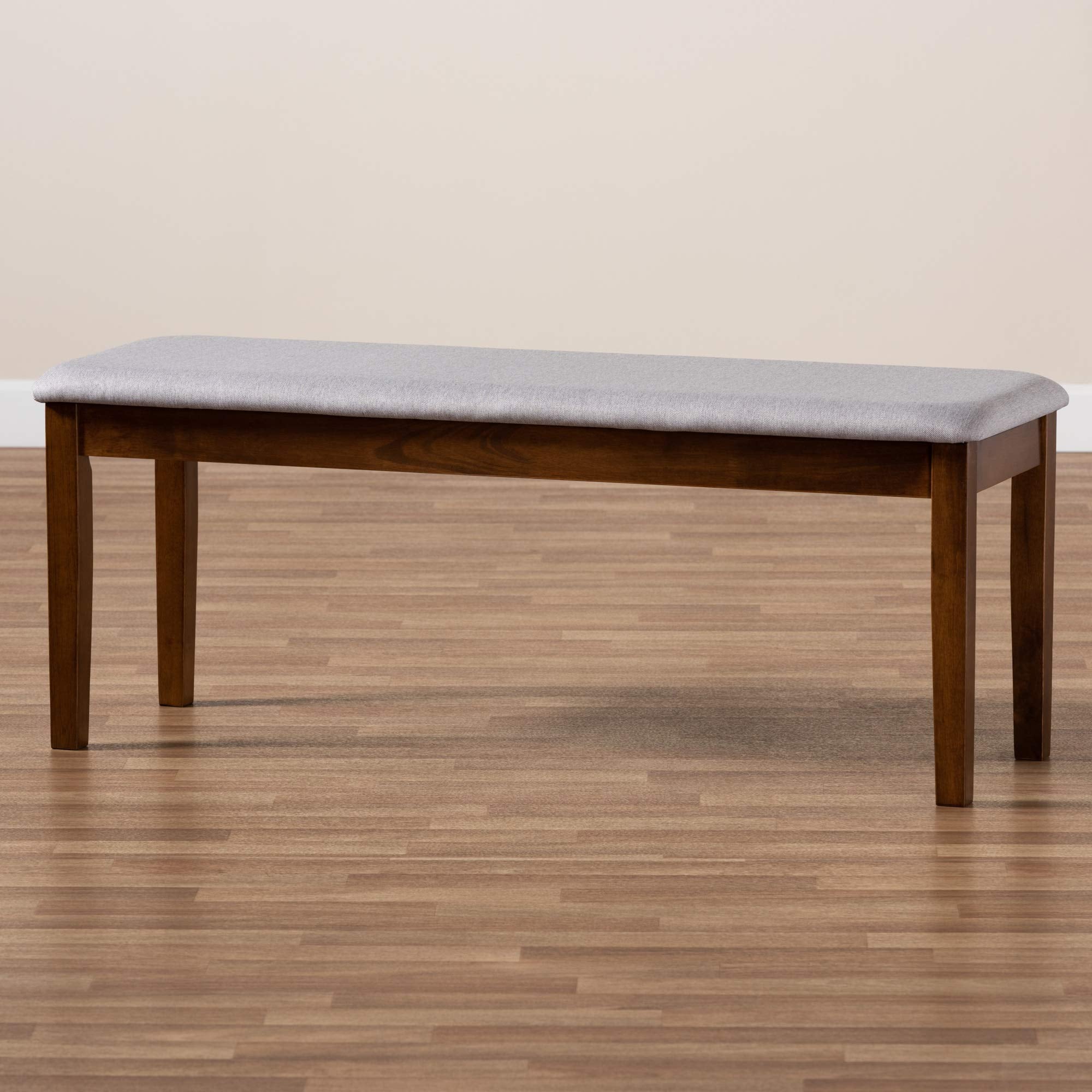 Grey Fabric Upholstered Dining Bench with Walnut Brown Wood Frame