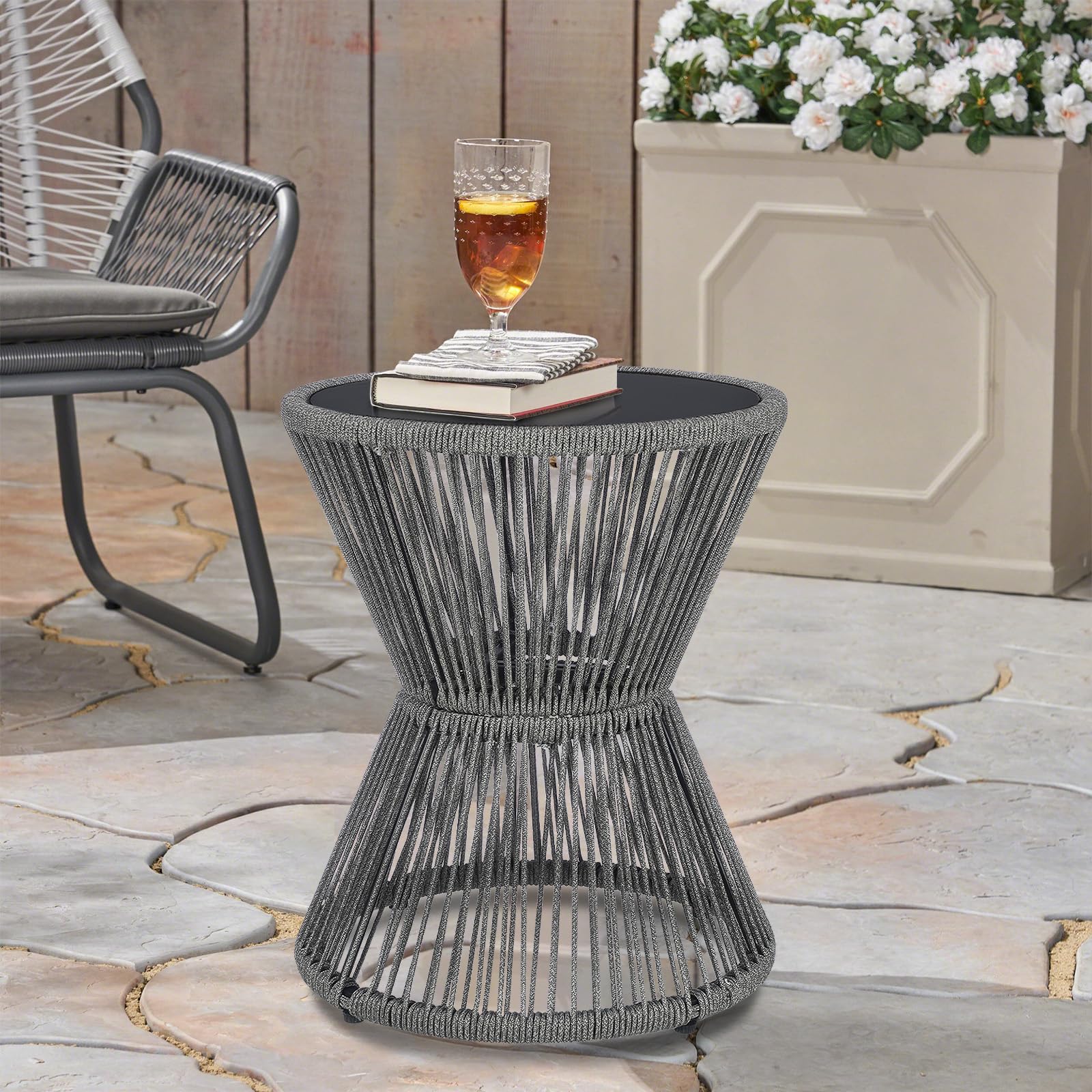 Woven Rope Outdoor Side Table with Glass Top
