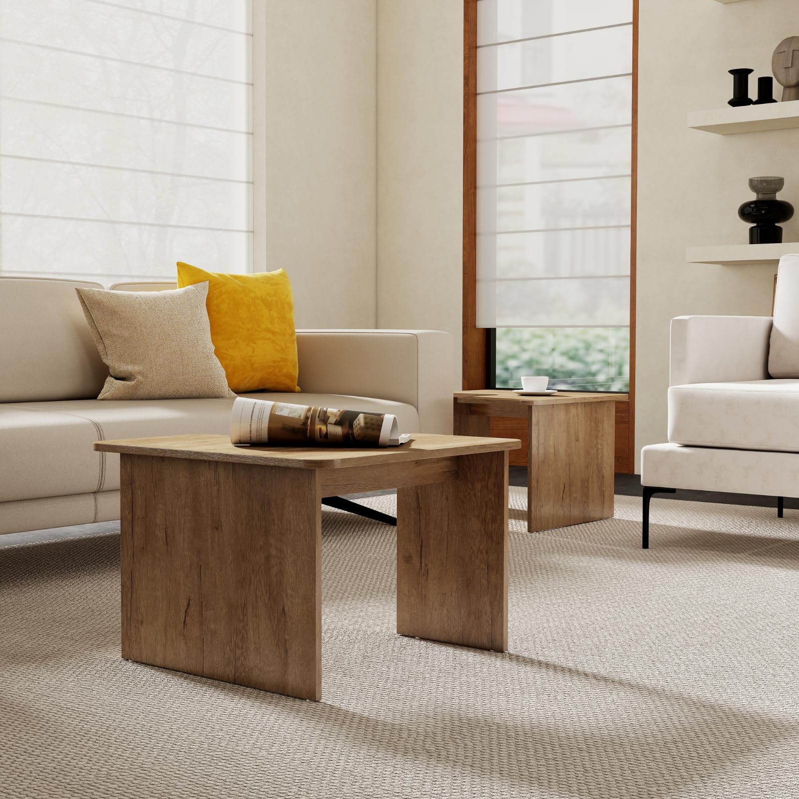 Modern Nesting Coffee Table Set of 2, Natural Wooden L-Shape Square Coffee Table for Living Room,Small Center Table End Table Sets Light Tabel with Rustic Wood Grain for Bedroom Office Cafe