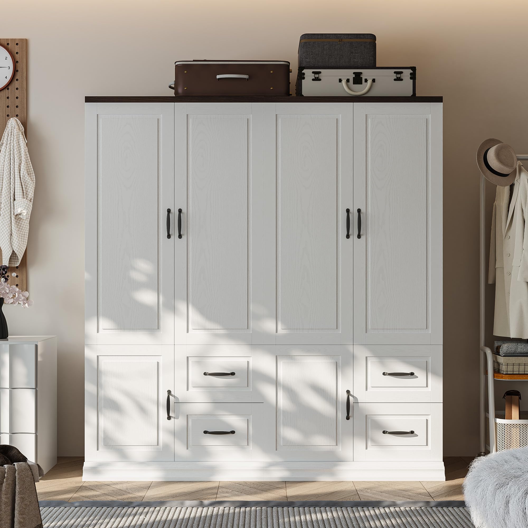 71.1" Tall Wooden Wardrobe Closet with Drawers and Hanging Rod