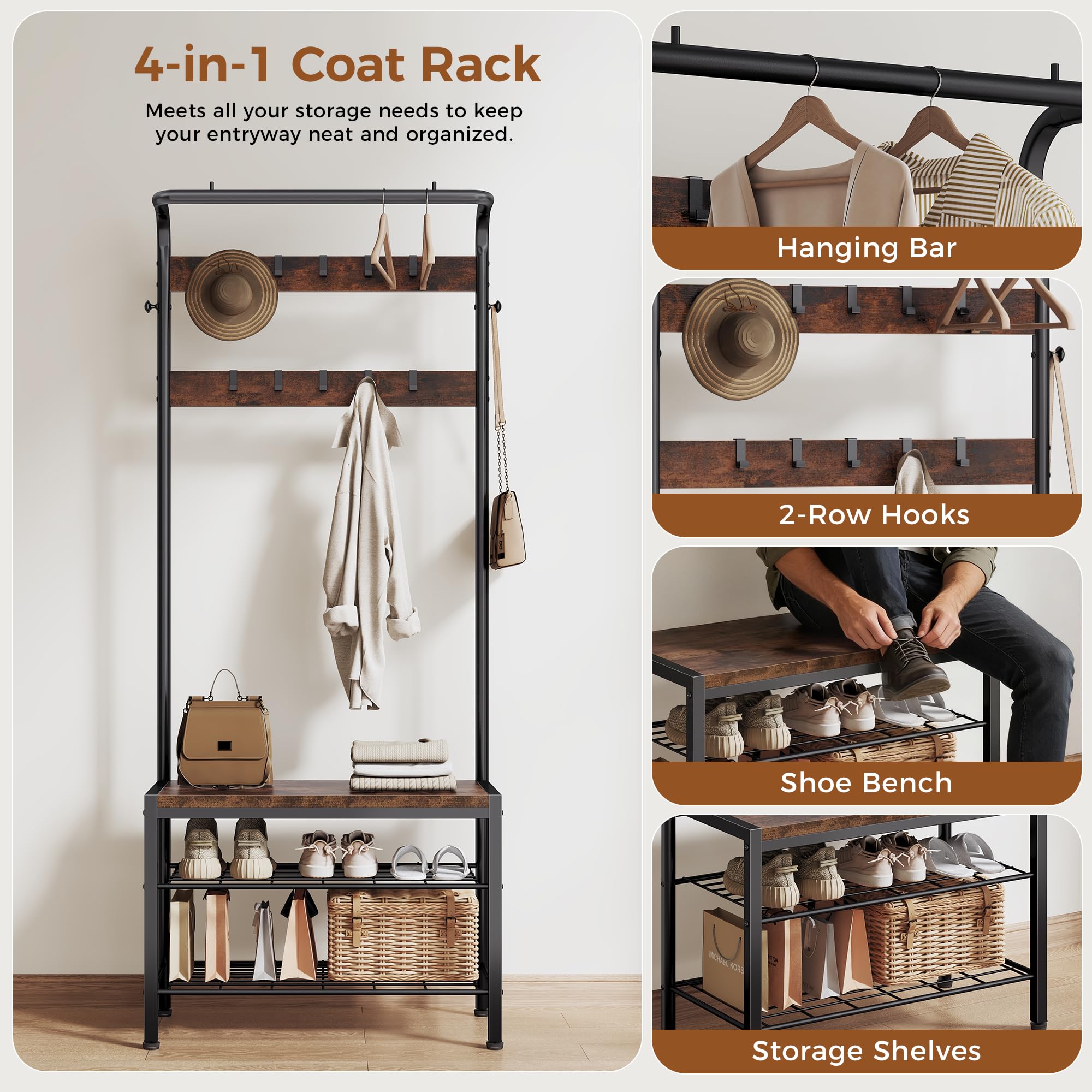 Hall Tree with Shoe Bench and Coat Rack
