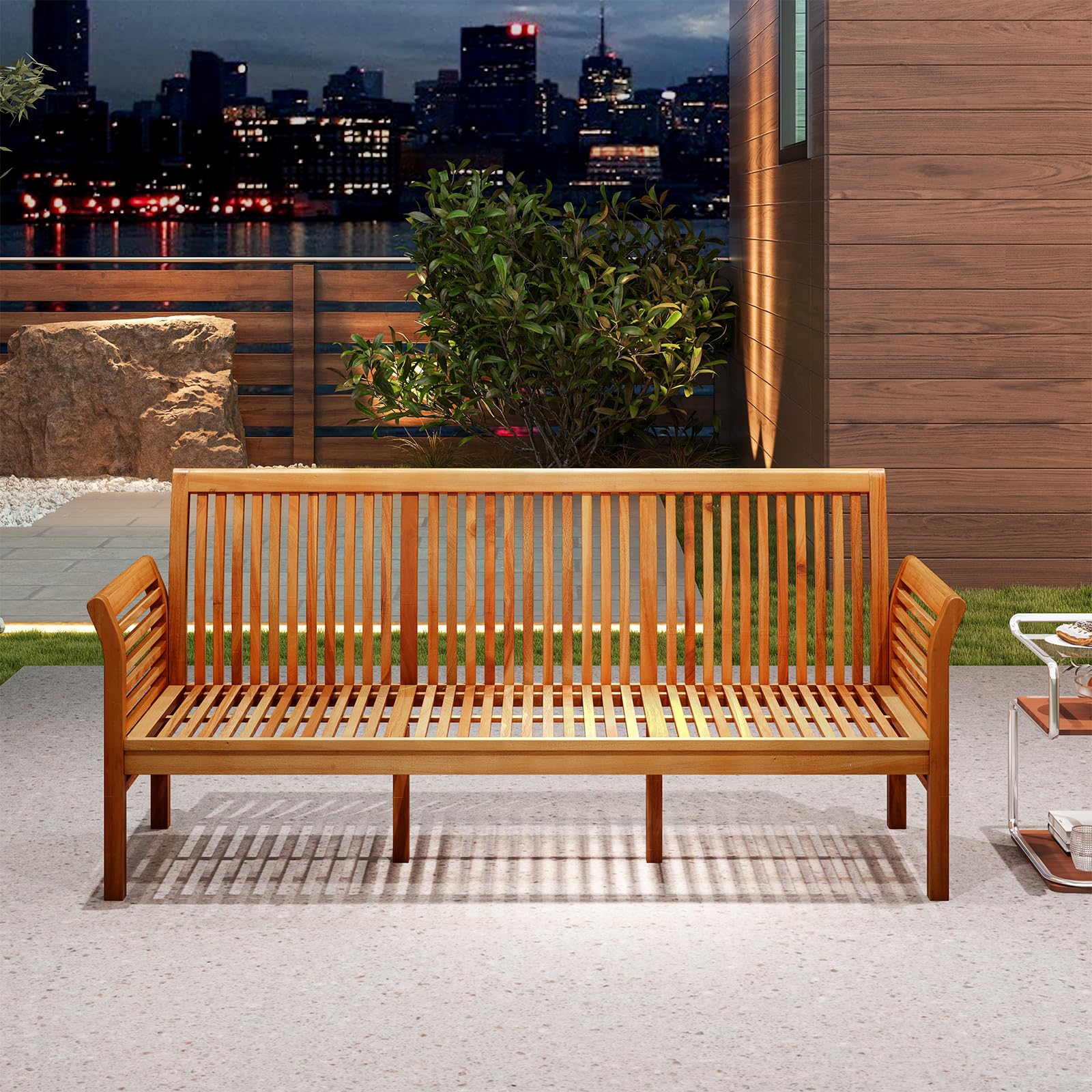 3-Person Acacia Wood Outdoor Bench with Cushion