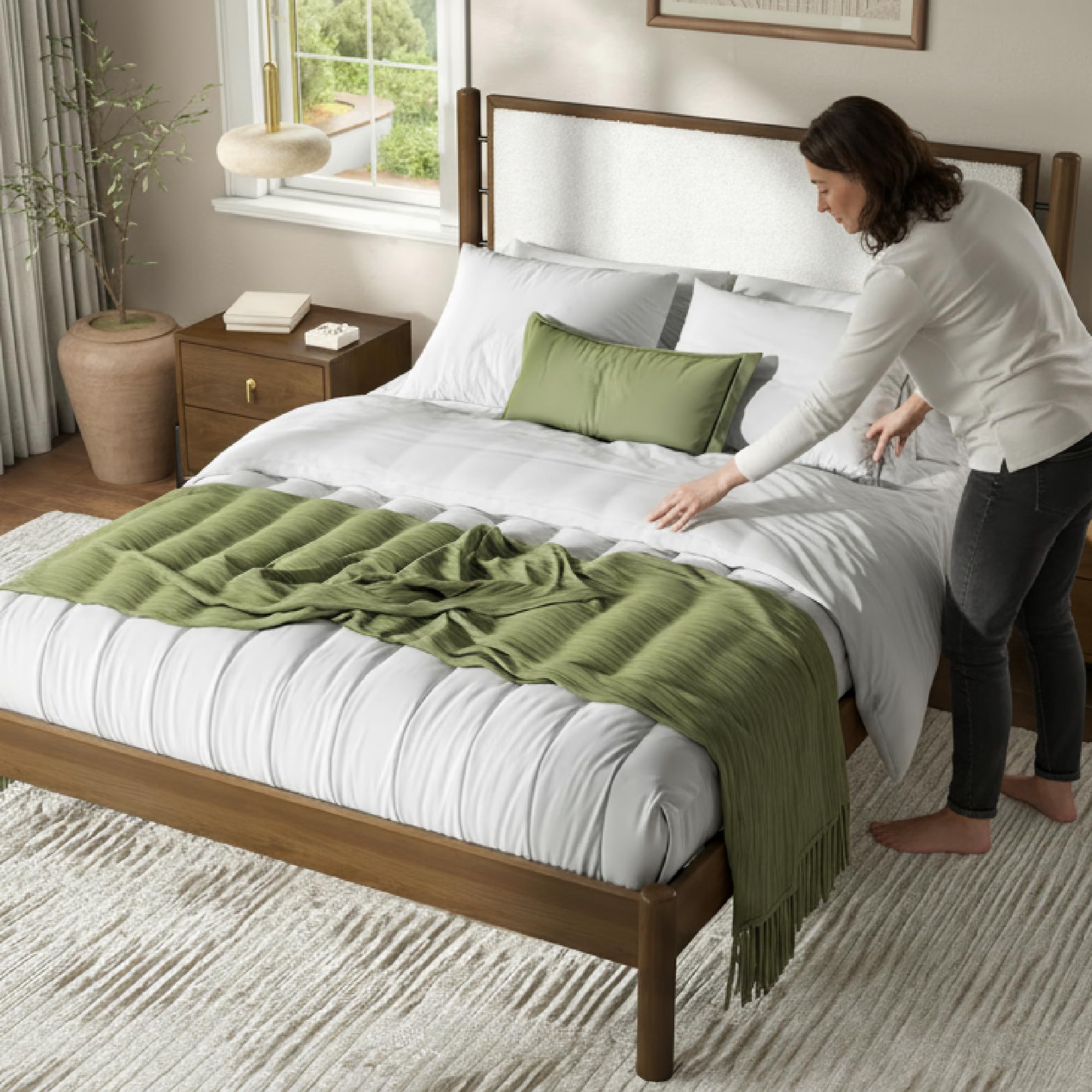 Queen Solid Wood Bed Frame with Upholstered Boucle Headboard