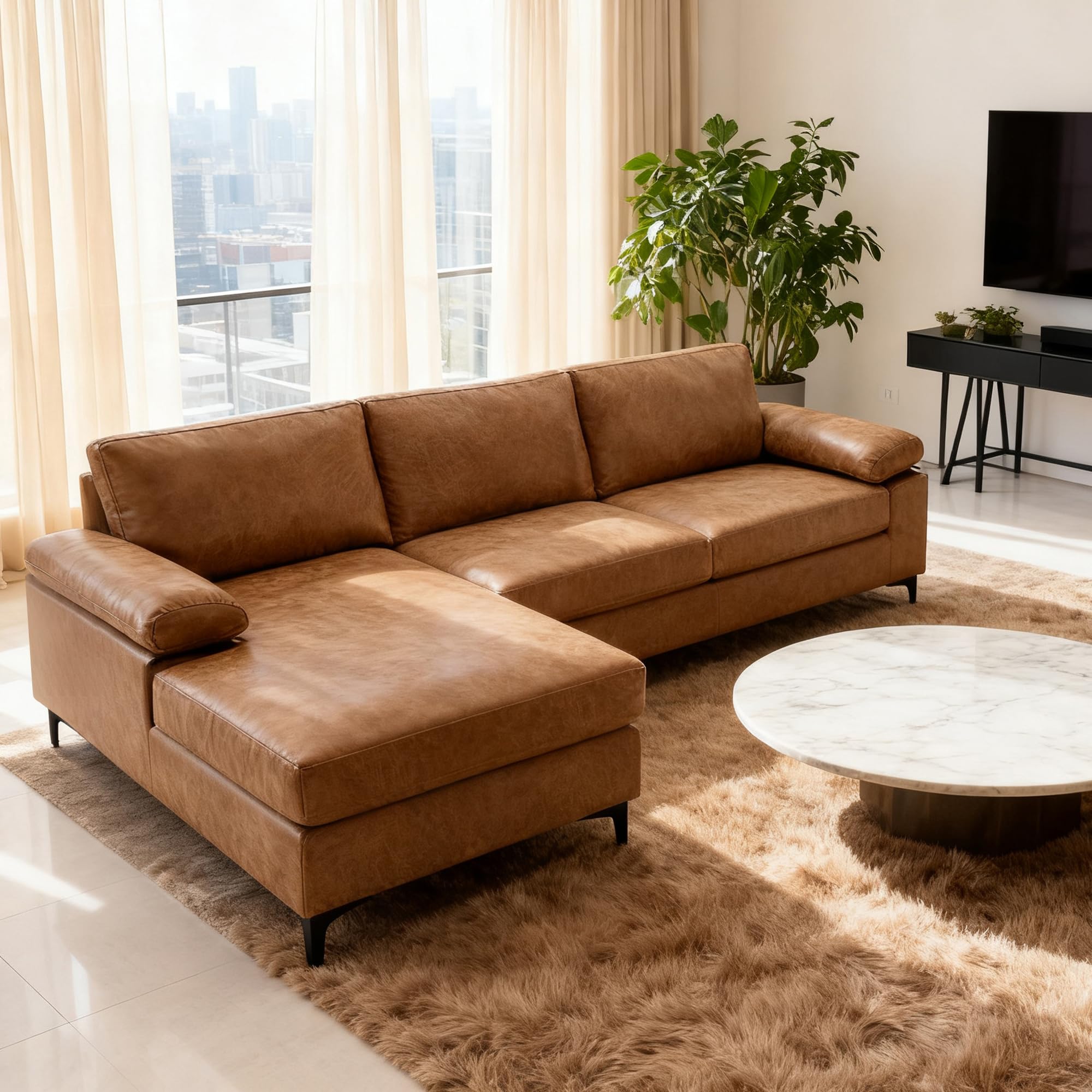 VANOMi Faux Leather Couch for Living Room, 100" Sofas & Couches with Convertible Chaise 3-Seater Sectional Sofas for Living Room, Apartment, Office, Brown