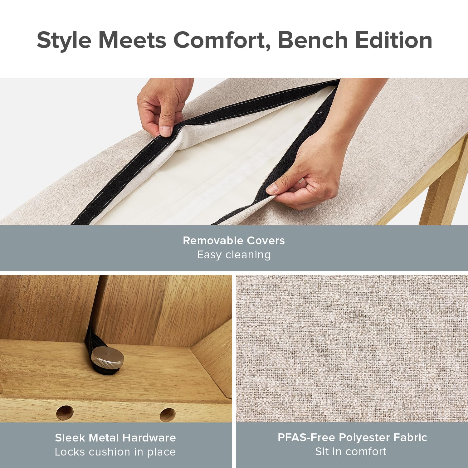 Logan Upholstered Beige Dining Bench - Modern Farmhouse Solid Wood