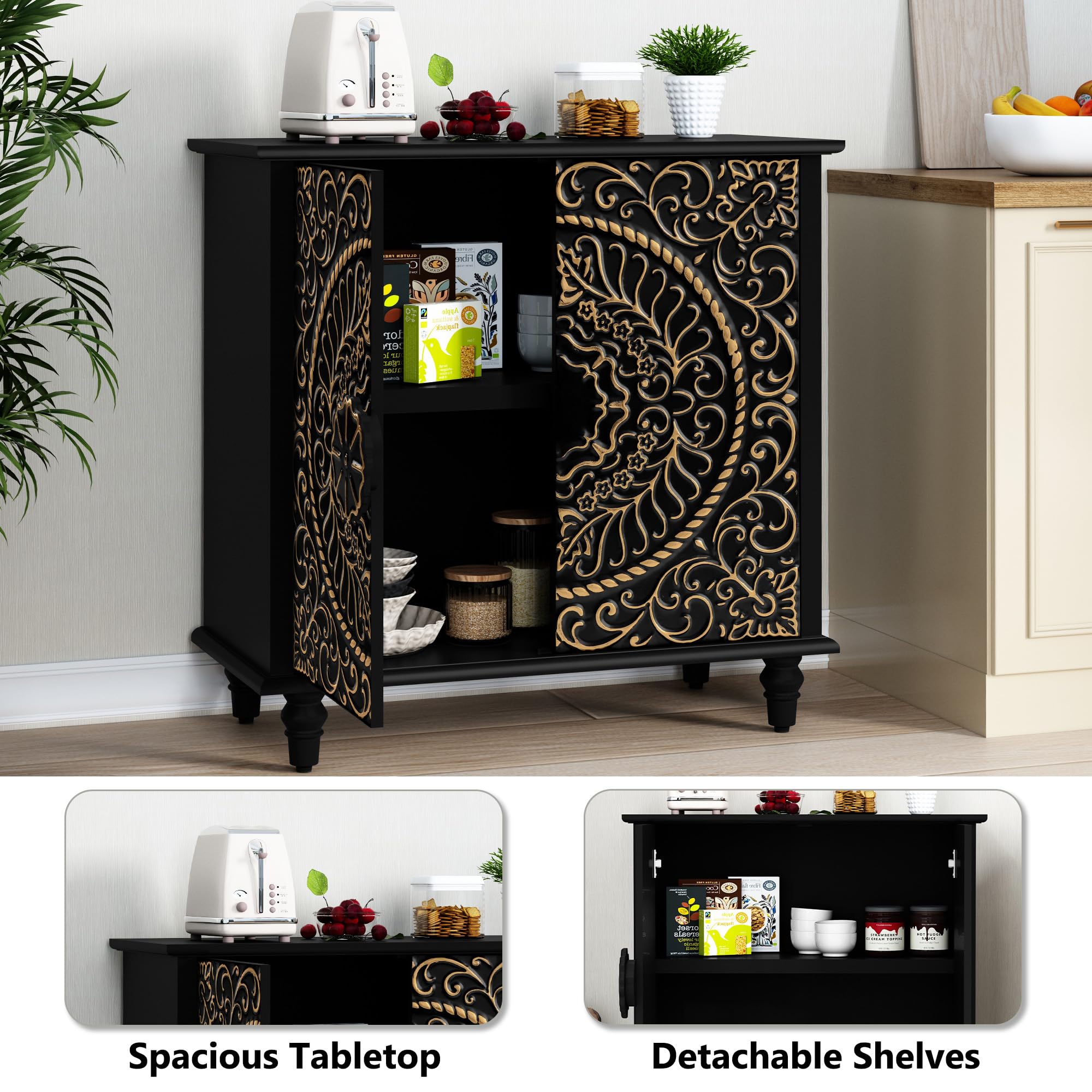 Decorative Accent Storage Cabinet with Carved Flower Pattern