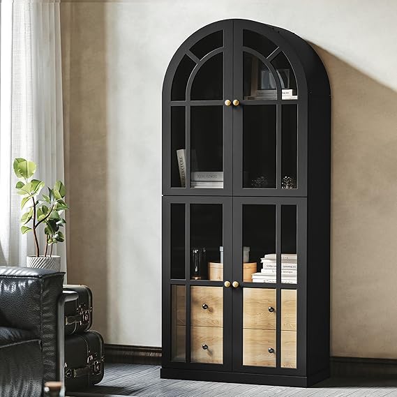 Arched Glass Door Cabinet with Drawers and Shelves