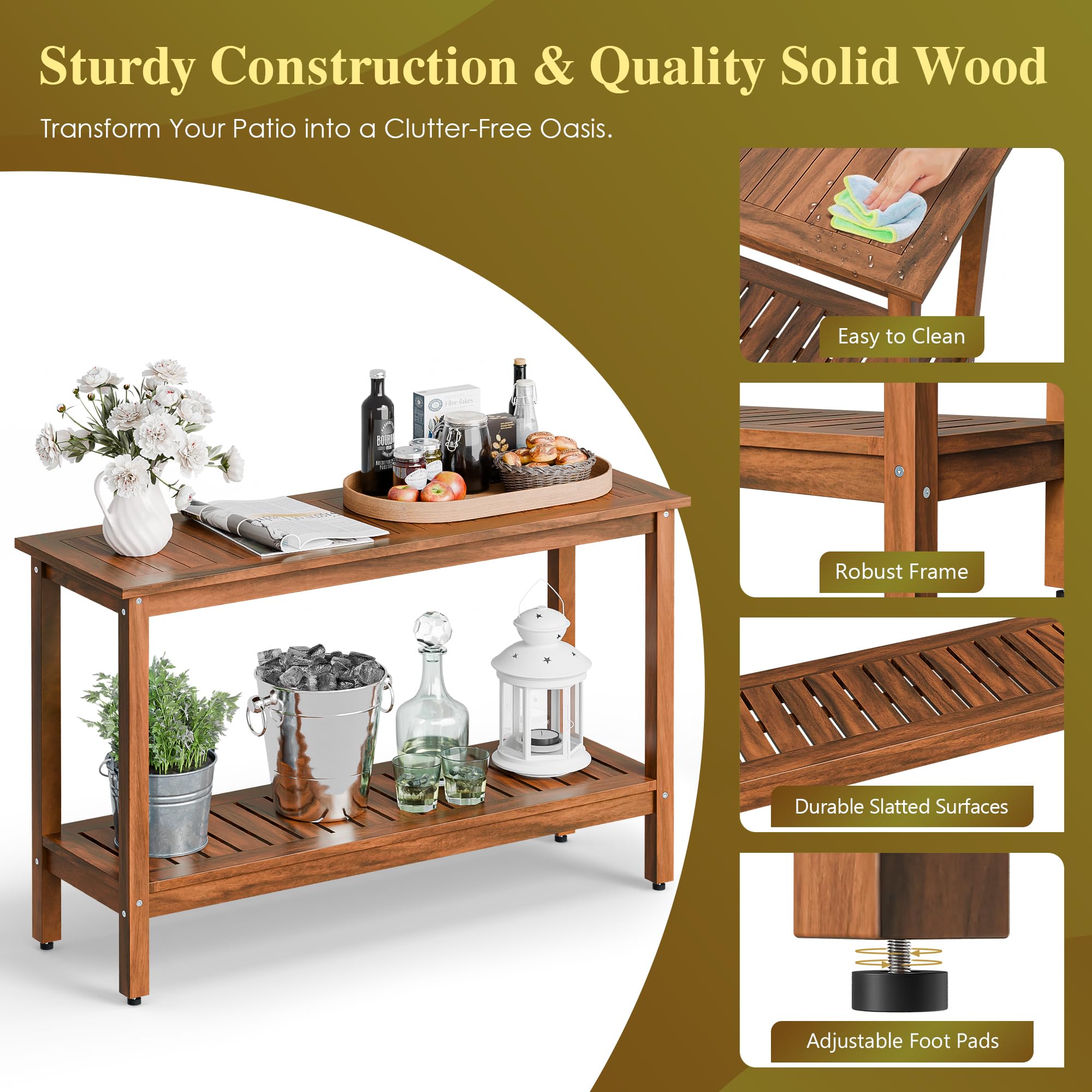 Outdoor Solid Wood Console Table 48" 2-Shelf Natural