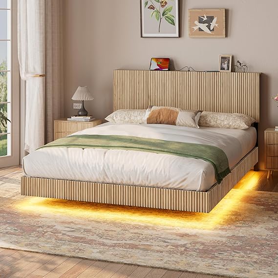 Walnut Queen Floating Bed Frame with LED Lights