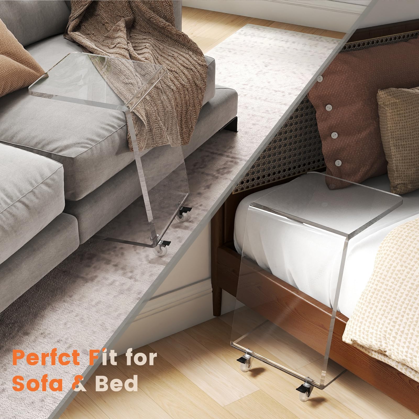 Acrylic C-Shaped Side Table with Wheels