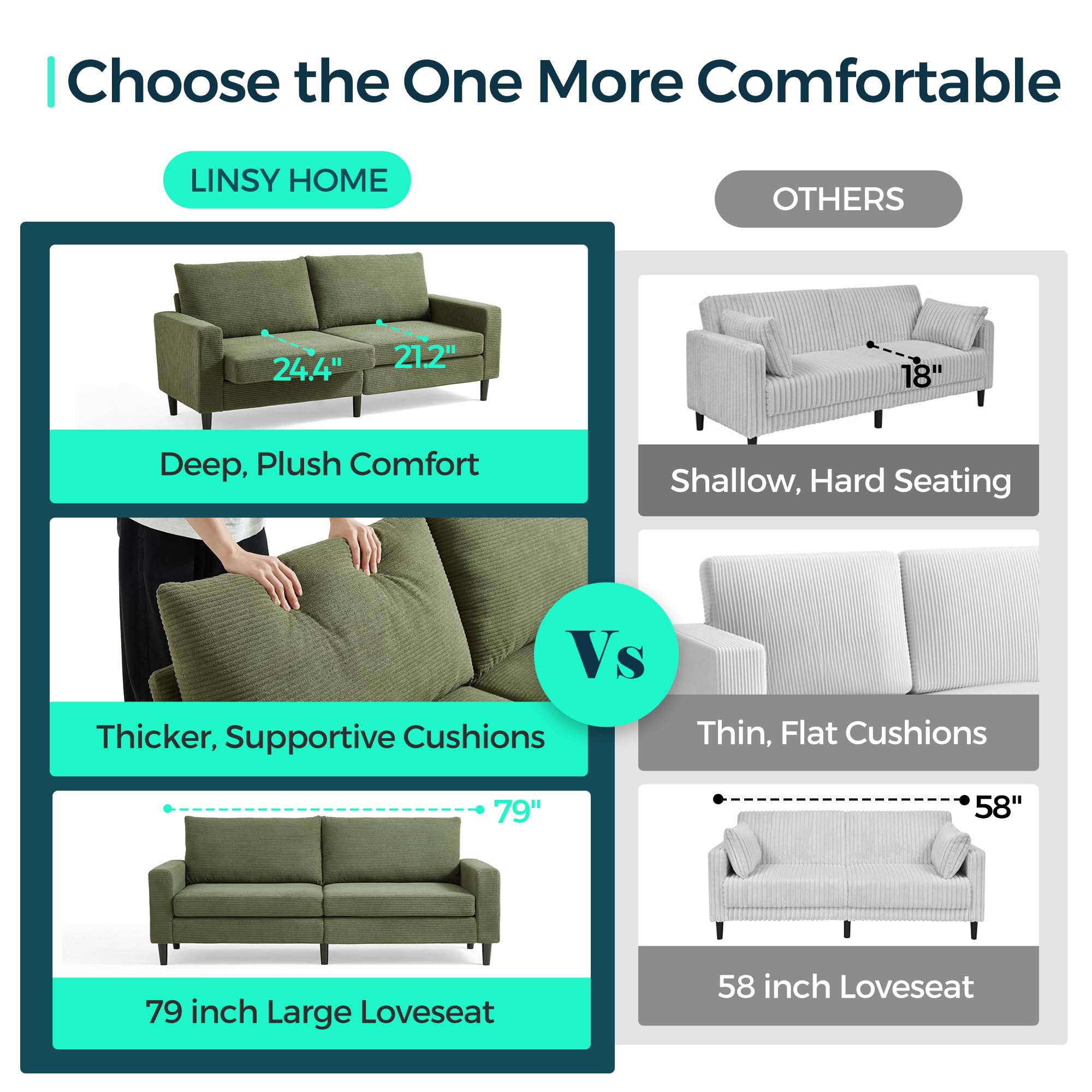 79-Inch Corduroy Loveseat Sofa with Adjustable Seat Depth