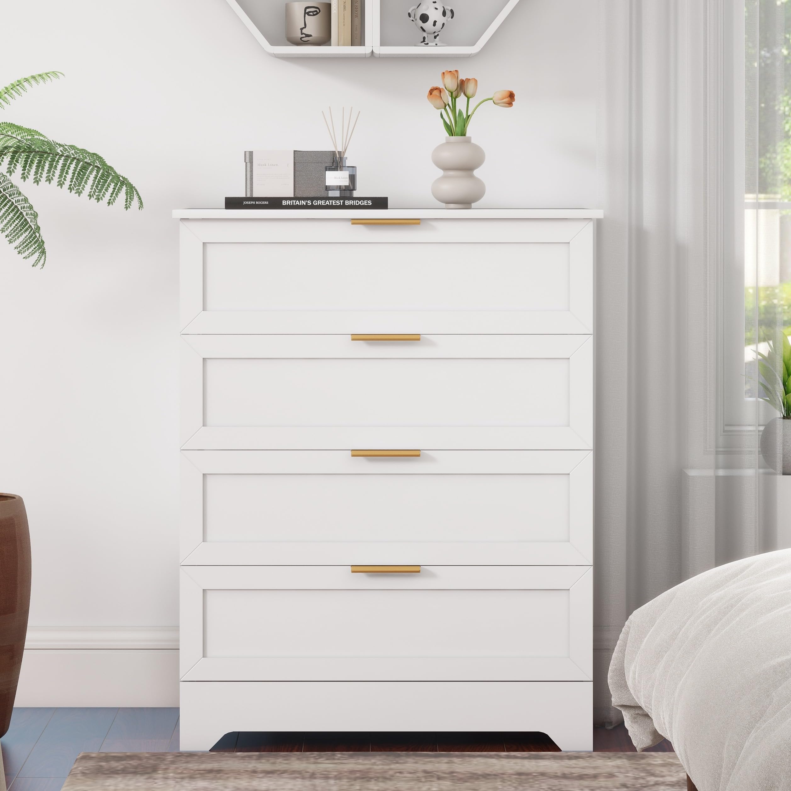 White 4 Drawer Dresser with Golden Handles