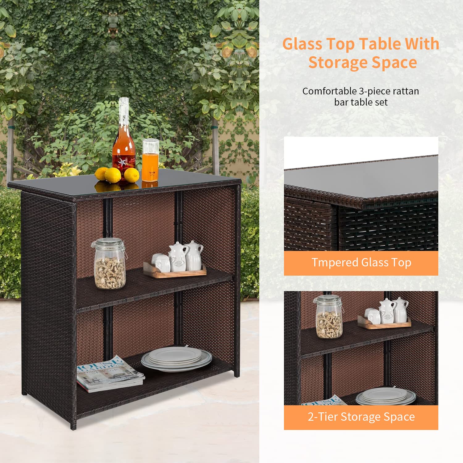 3-Piece Wicker Patio Bar Set with Glass Top Table