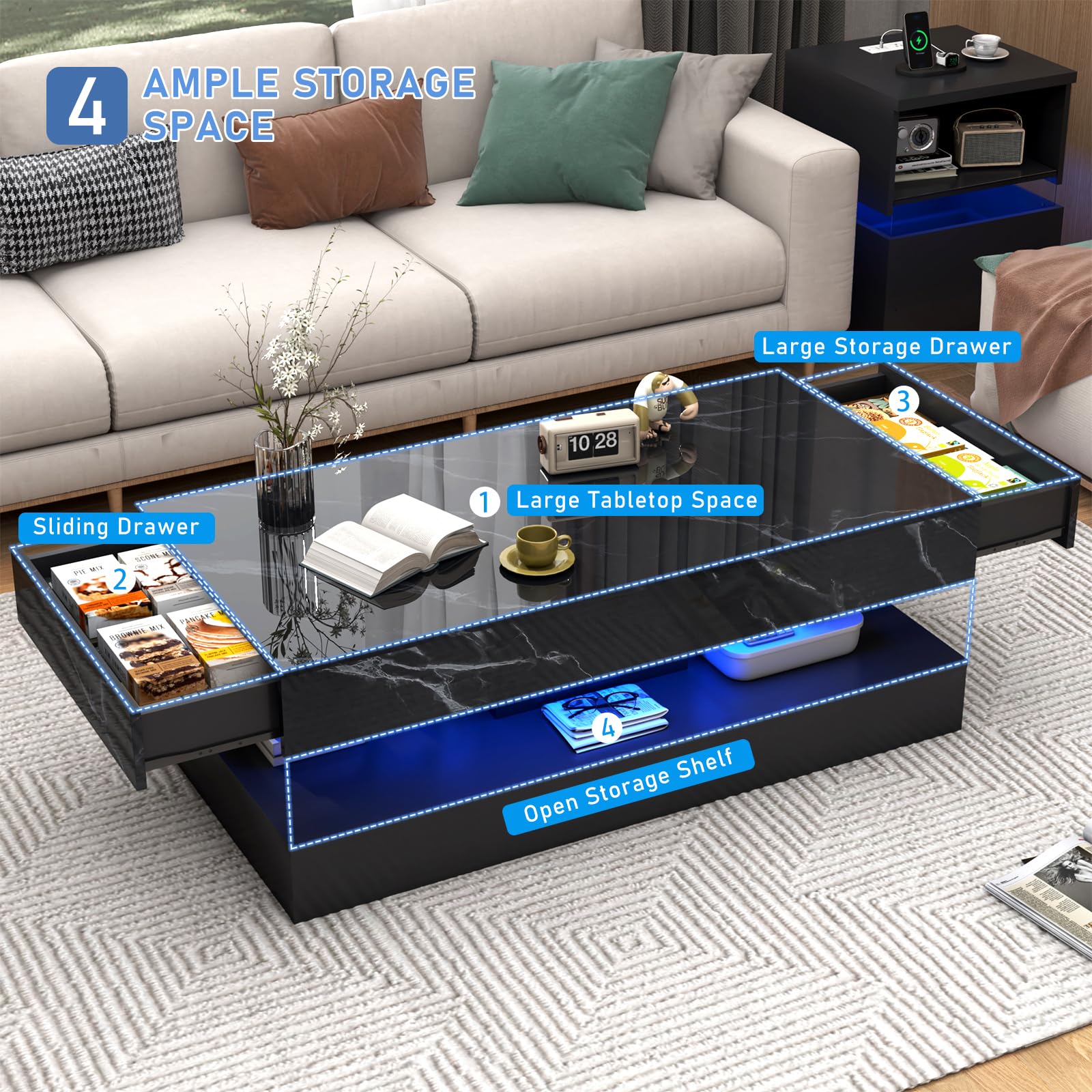 LED Coffee Table with Storage Drawers