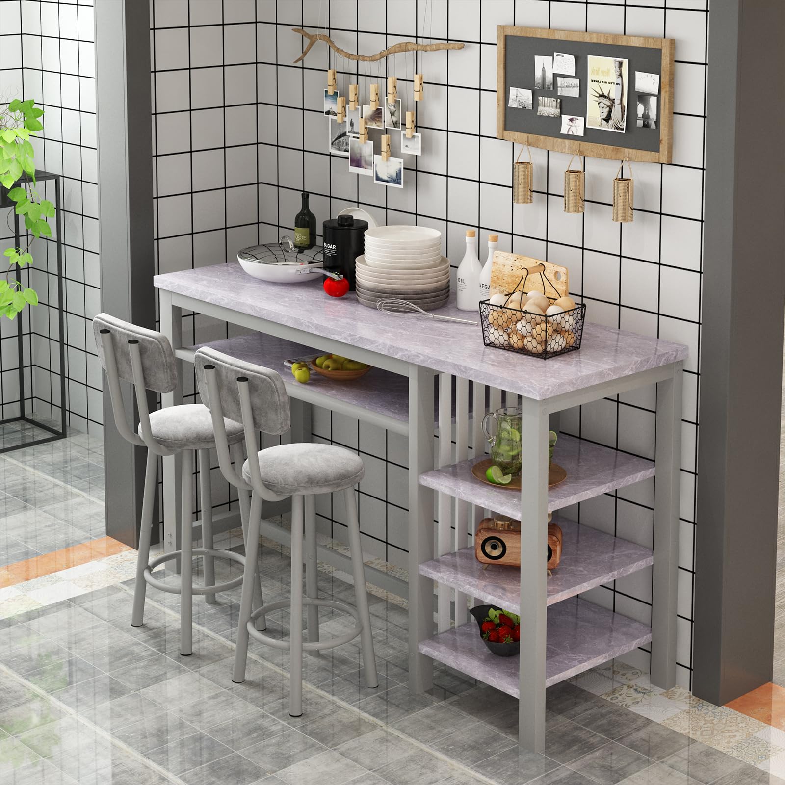 3-Piece Bar Table Set with Storage Shelves
