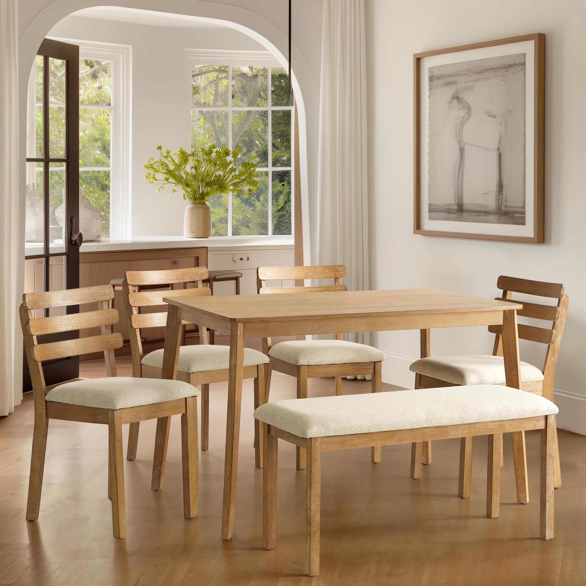 4-Piece Farmhouse Dining Set with Table, Chairs and Bench