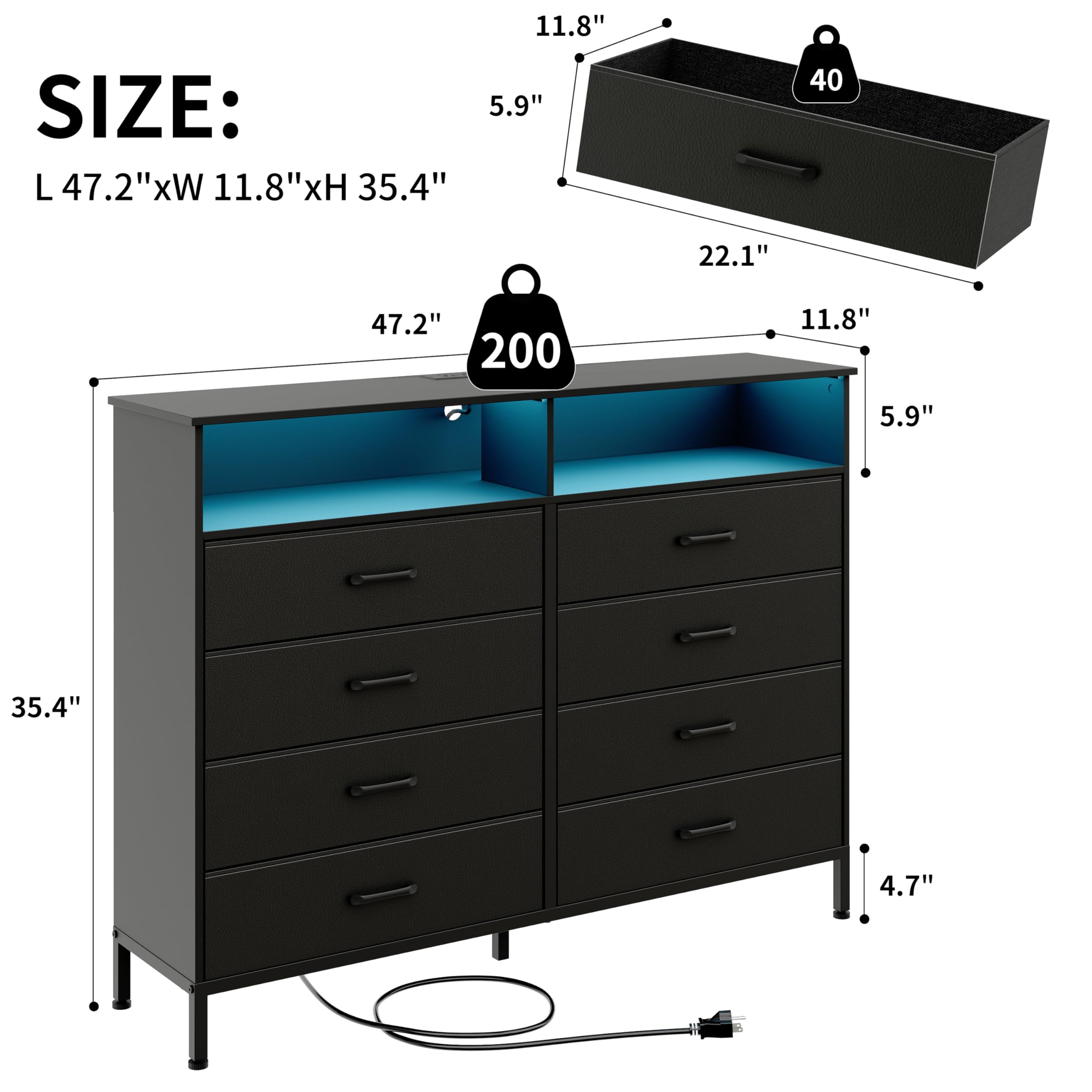 Black Dresser with LED Lights and Charging Station - 8 Drawer Chest