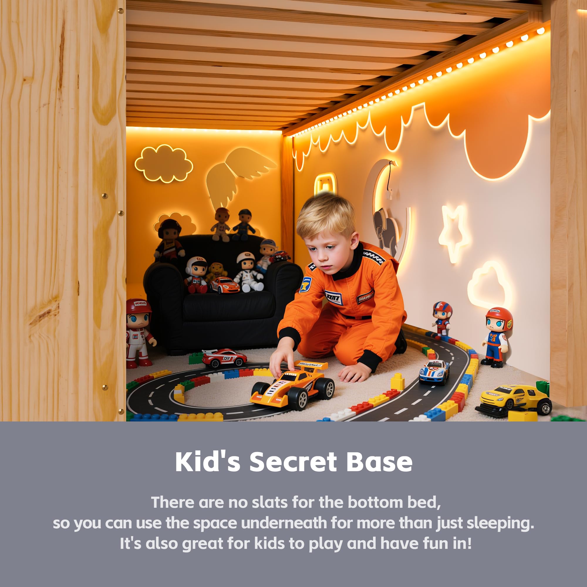 Twin Loft Bed with LED Lights and Storage