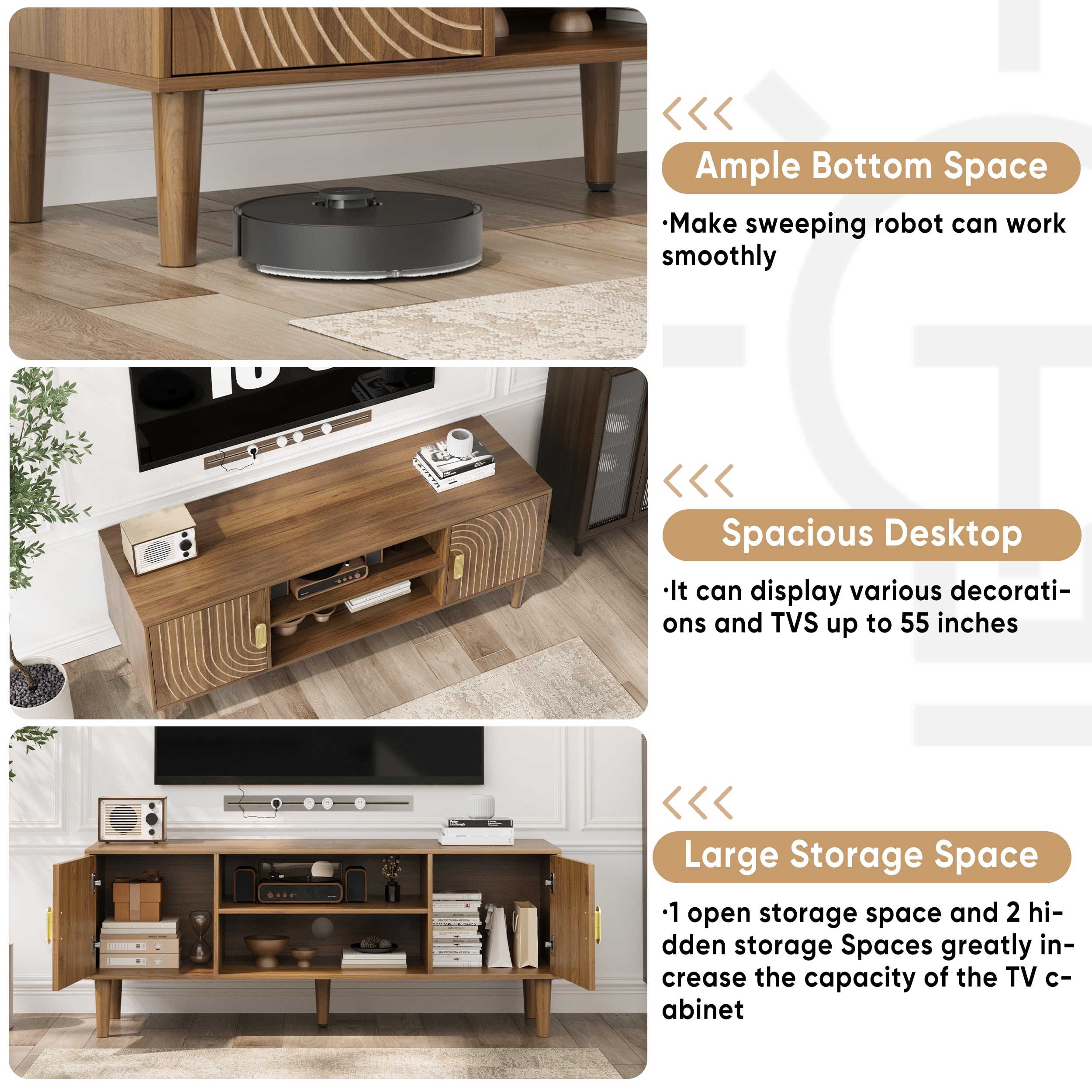 Walnut TV Stand with Line Groove Design - 47.2" Mid Century Modern Media Console