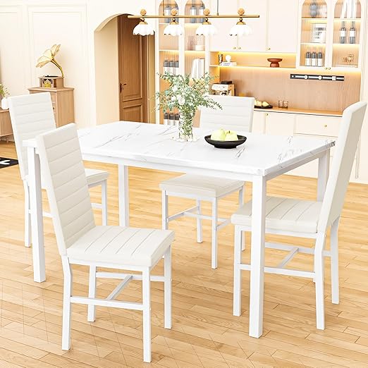 5-Piece Dining Table Set with Faux Marble Top and Velvet Chairs