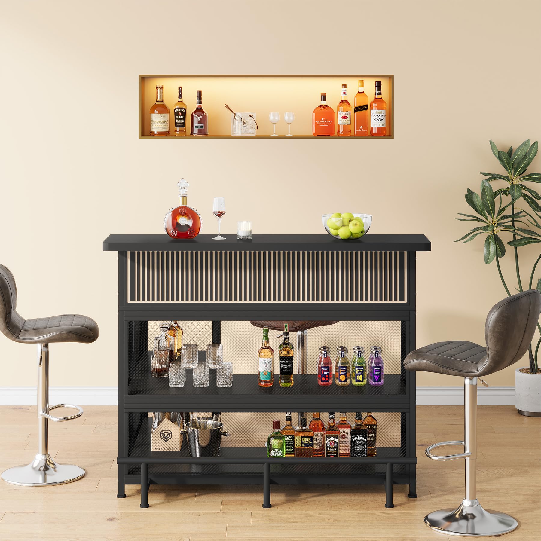 L-Shaped Home Bar Unit with Wine Holder and LED Light