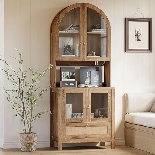 75" Tall Arched Pantry Cabinet with Glass Door