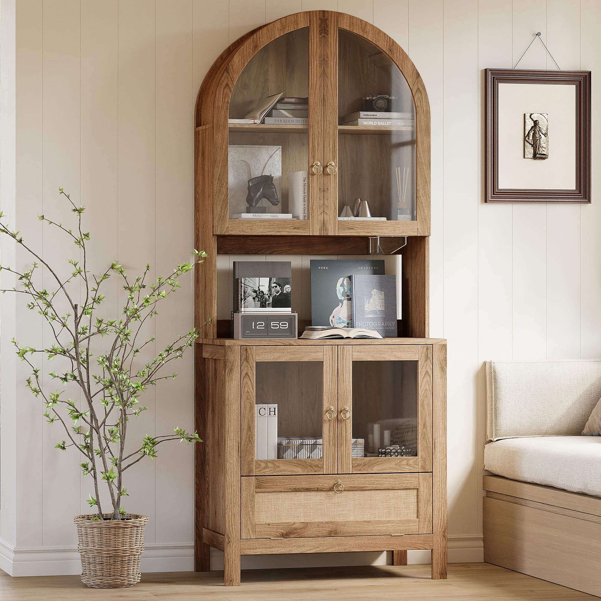 75" Tall Arched Pantry Cabinet with Glass Door